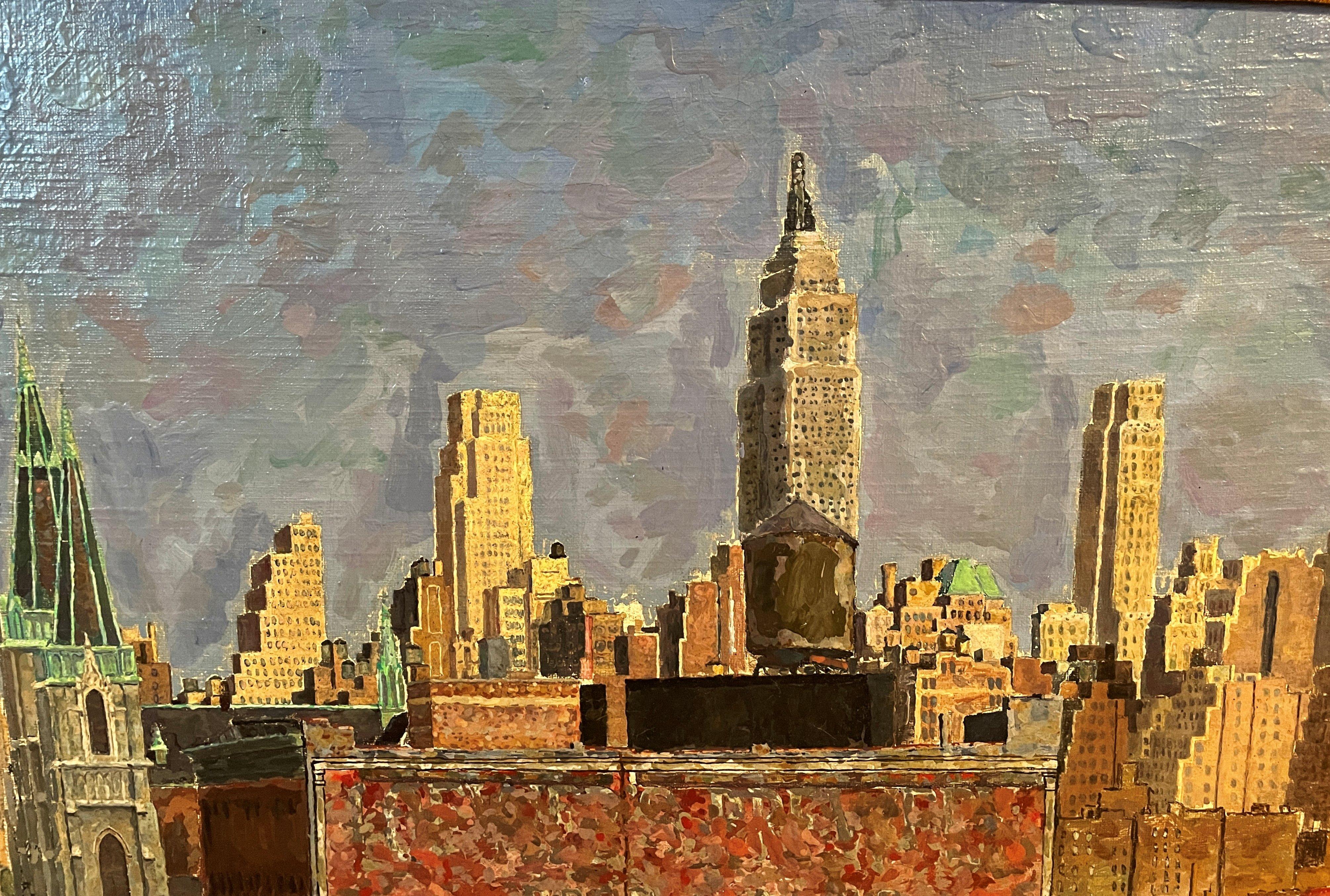 « Manhattan Looking East », Herman Rose, vue de la ville de New York depuis le centre-ville par le WPA - Gris Landscape Painting par Herman Rose 