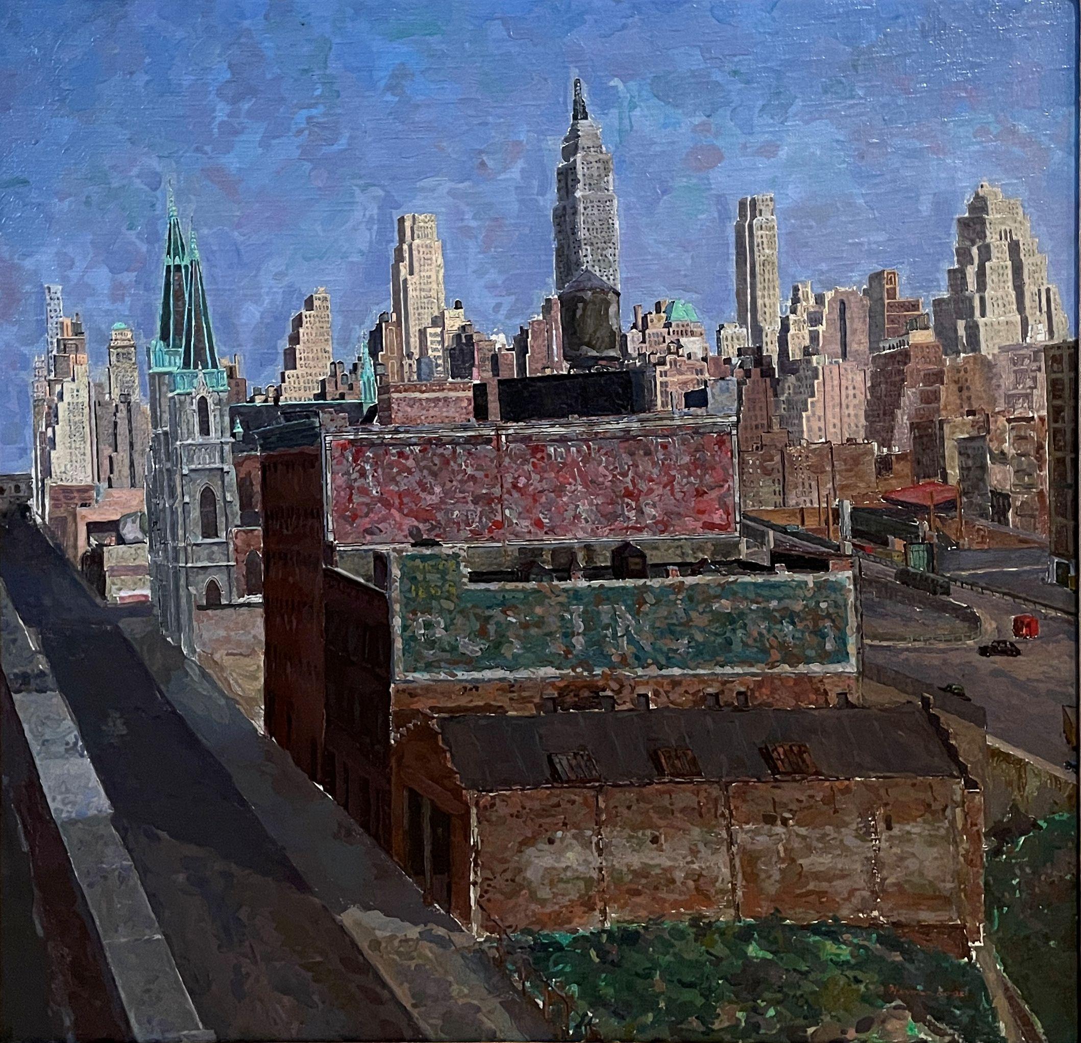 Herman Rose  Landscape Painting – Herman Rose, WPA New York City Ansicht von Midtown, „Manhattan Looking East“, Herman Rose