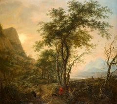 An Italianate Wooded Landscape at Sunset with Travellers