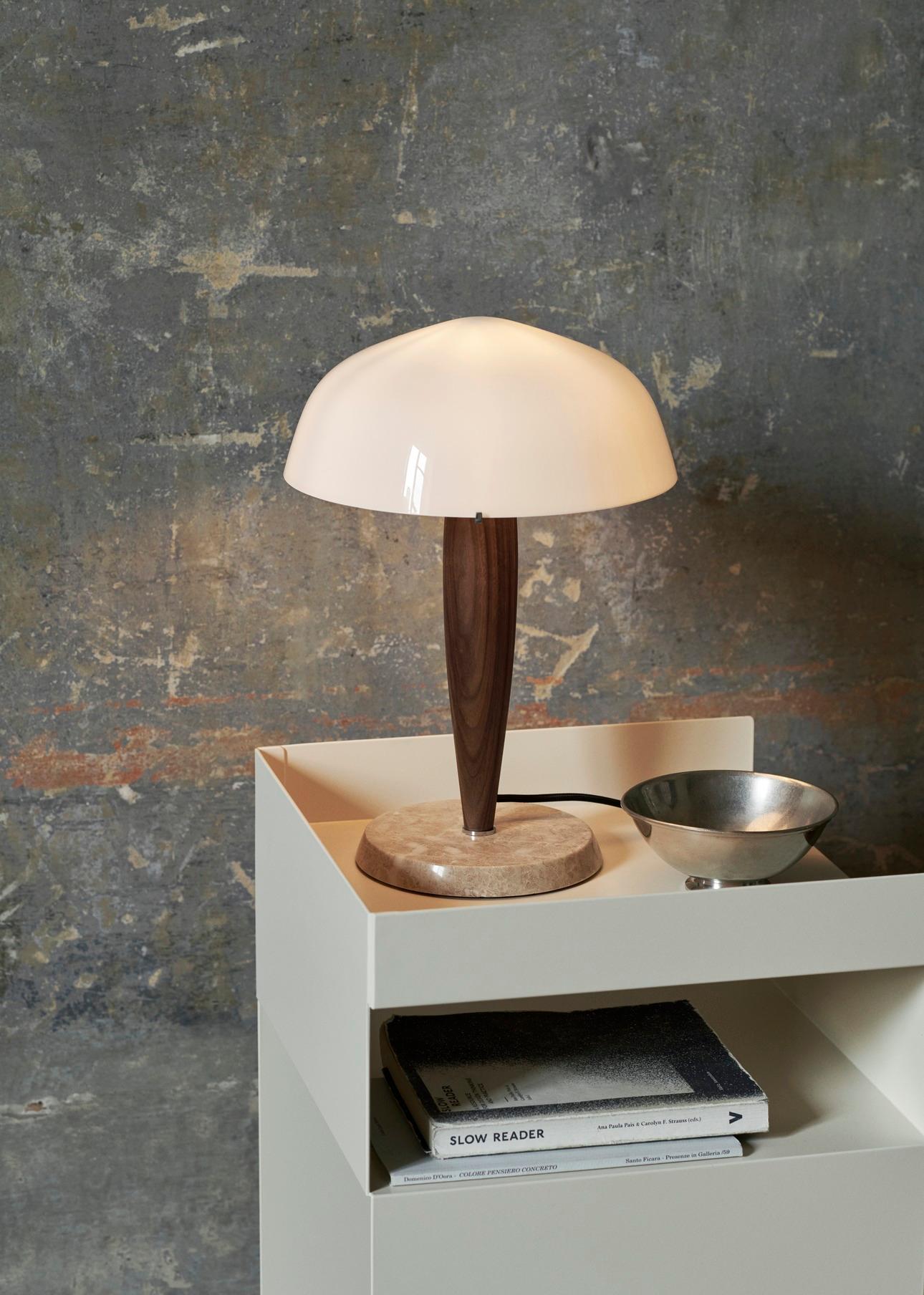 Scandinavian Modern Herman SHY3, Opal Glass w. Walnut & Cream Marble, Table Lamp for &Tradition For Sale