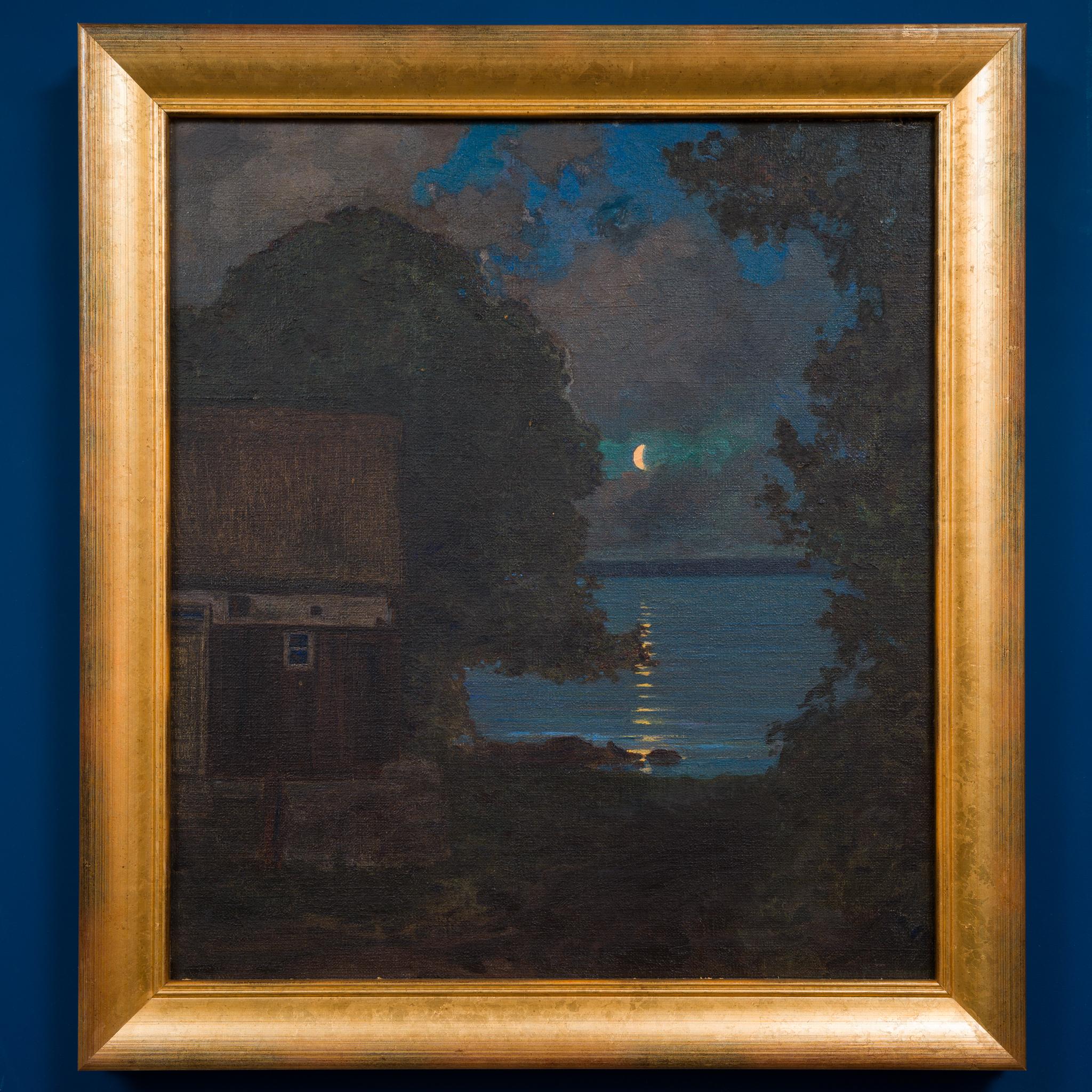 This moonlight painting by Herman Österlund, a Swedish painter, is a captivating depiction of a tranquil lakeside scene under the soft glow of moonlight. The artwork, dated around 1920, showcases Österlund's mastery of capturing the Scandinavian
