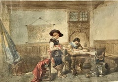 Scena d'interno, acquerello su carta, scuola romantica olandese, incorniciato, XIX secolo