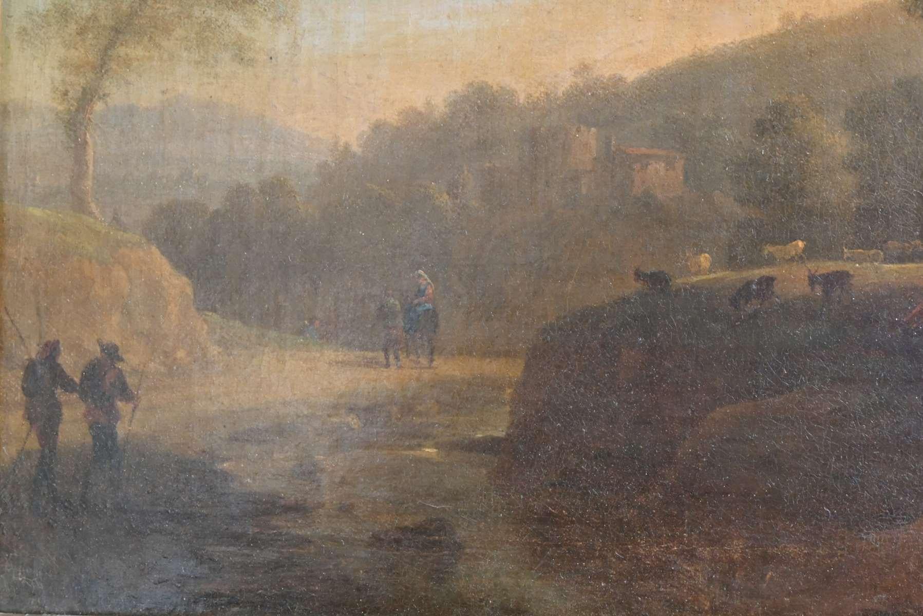 Seguace di H. Van Swanevelt, Pastori e il loro gregge su un sentiero, olio su tela - Painting di Herman van Swanevelt