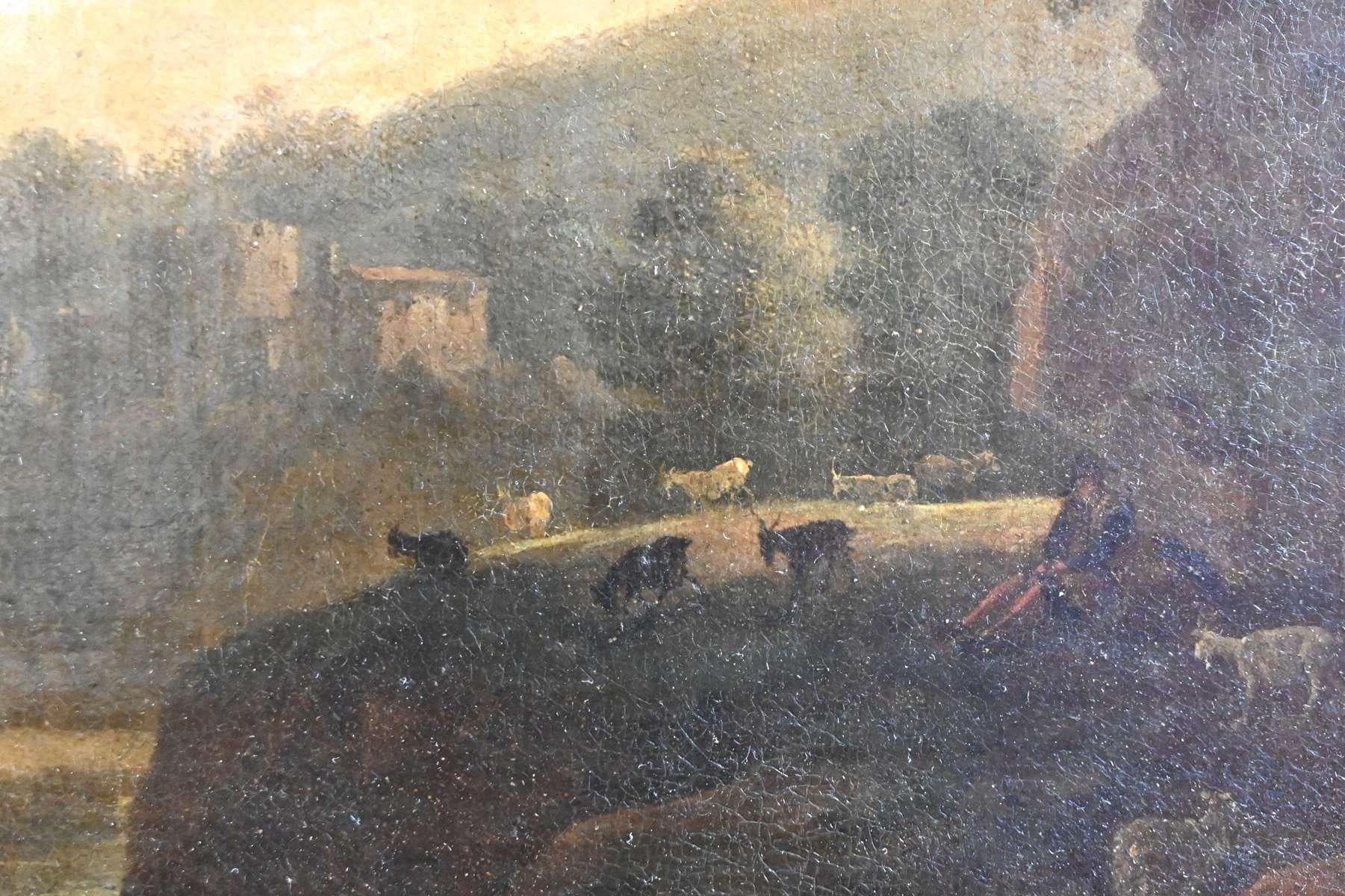 Seguace di H. Van Swanevelt, Pastori e il loro gregge su un sentiero, olio su tela - Painting Antichi maestri di Herman van Swanevelt