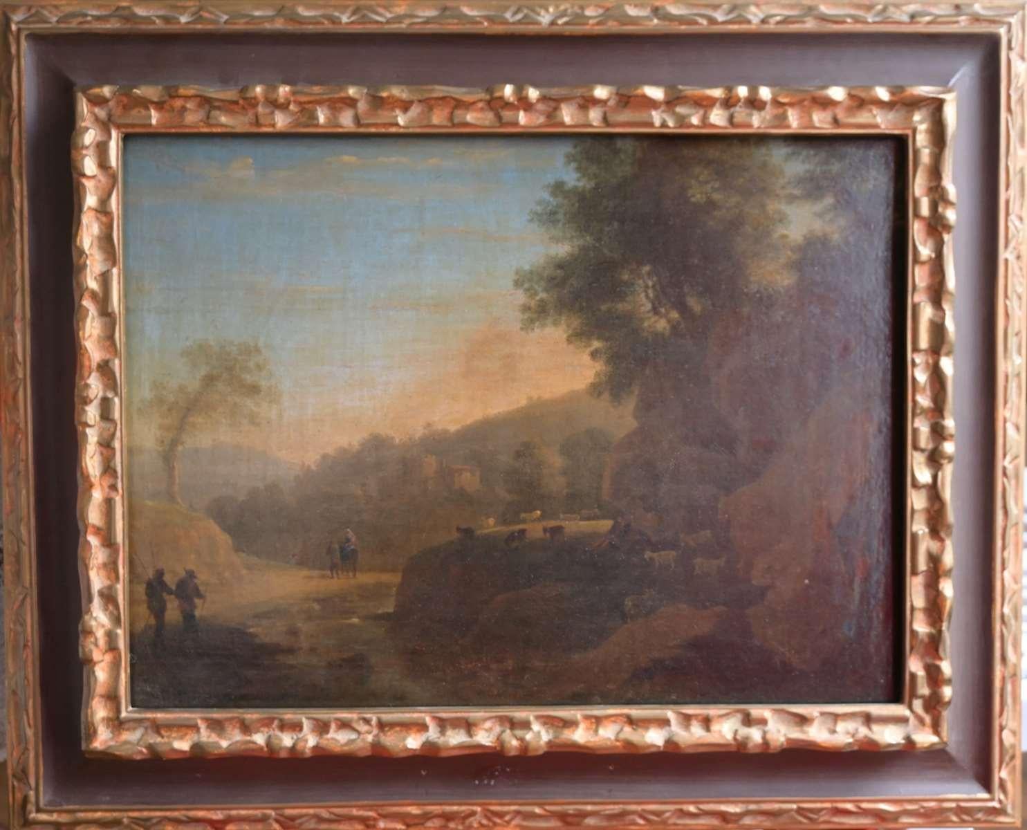 Landscape Painting di Herman van Swanevelt - Seguace di H. Van Swanevelt, Pastori e il loro gregge su un sentiero, olio su tela