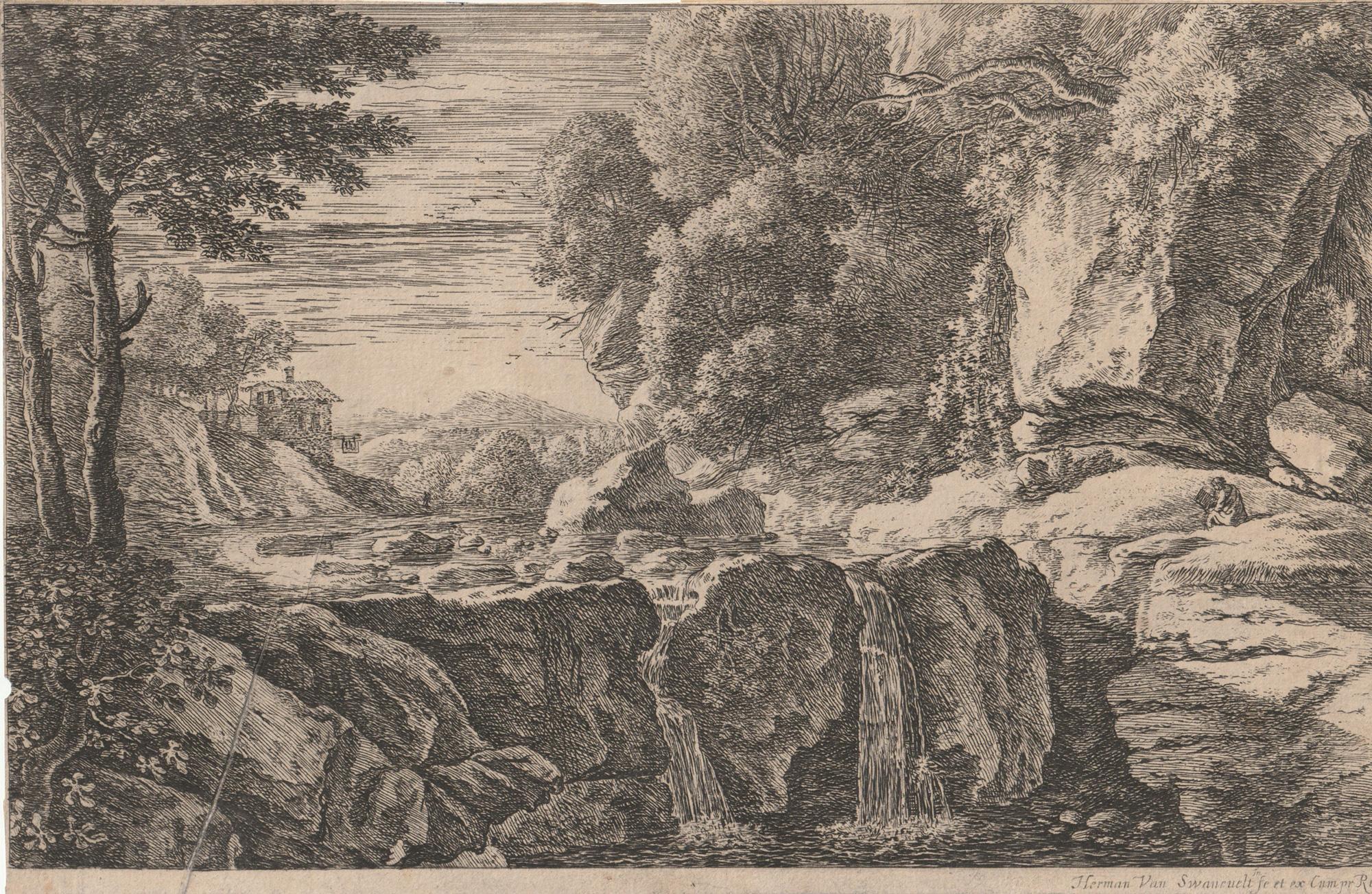 Herman van Swanevelt Landscape Print - The little waterfall (Der kleine wasserfall), from Four Landscapes.