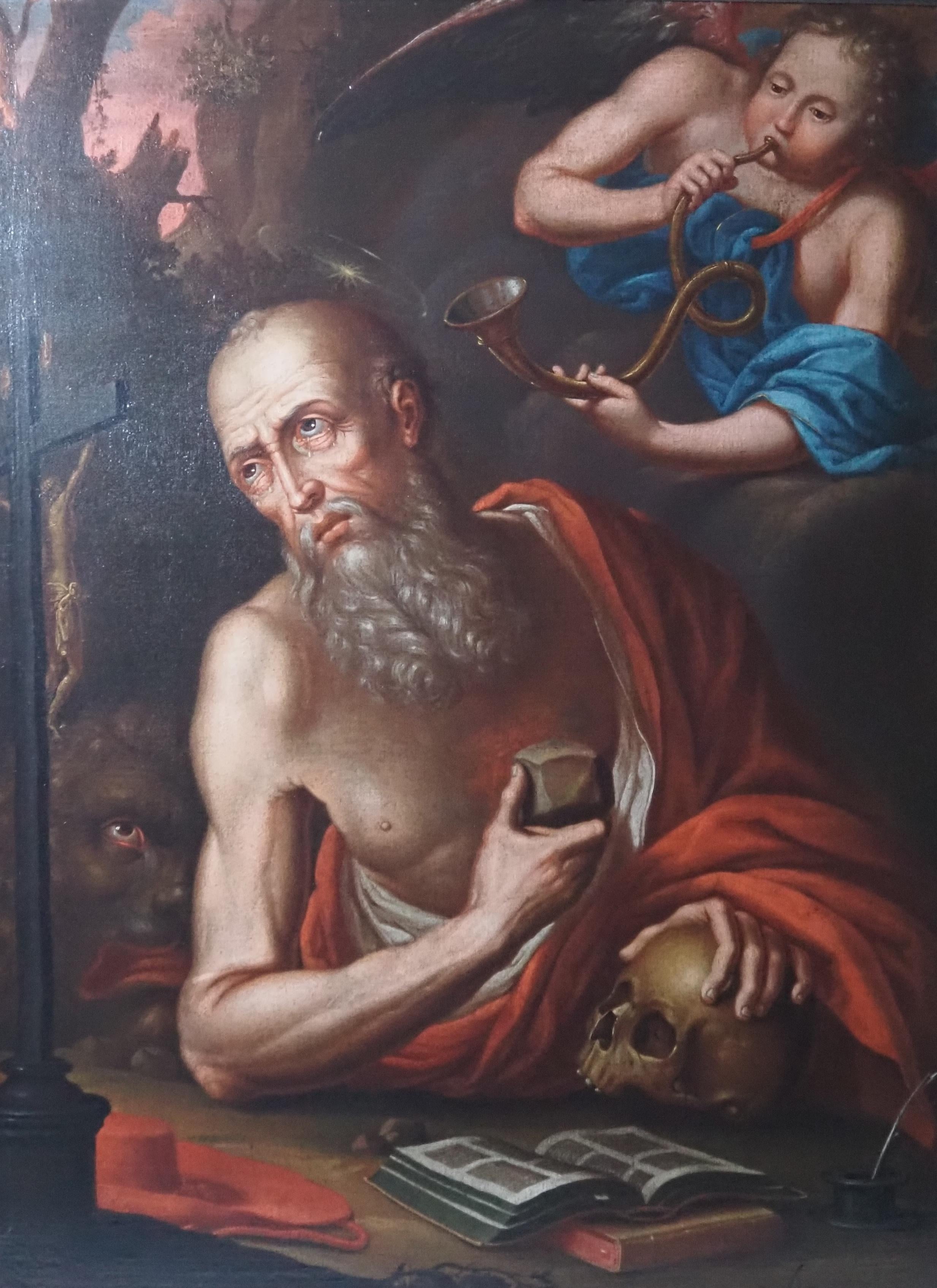 Pintura antigua al óleo/lienzo, San Jerónimo oye la trompeta del Juicio Final 11