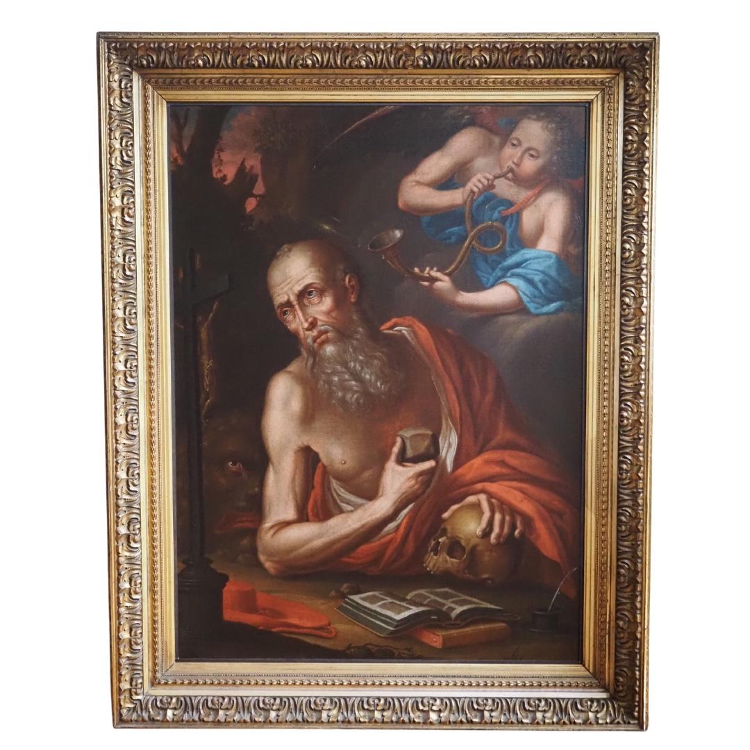Pintura antigua al óleo/lienzo, San Jerónimo oye la trompeta del Juicio Final - Painting de Herman Veltman (XVII-XVIII)