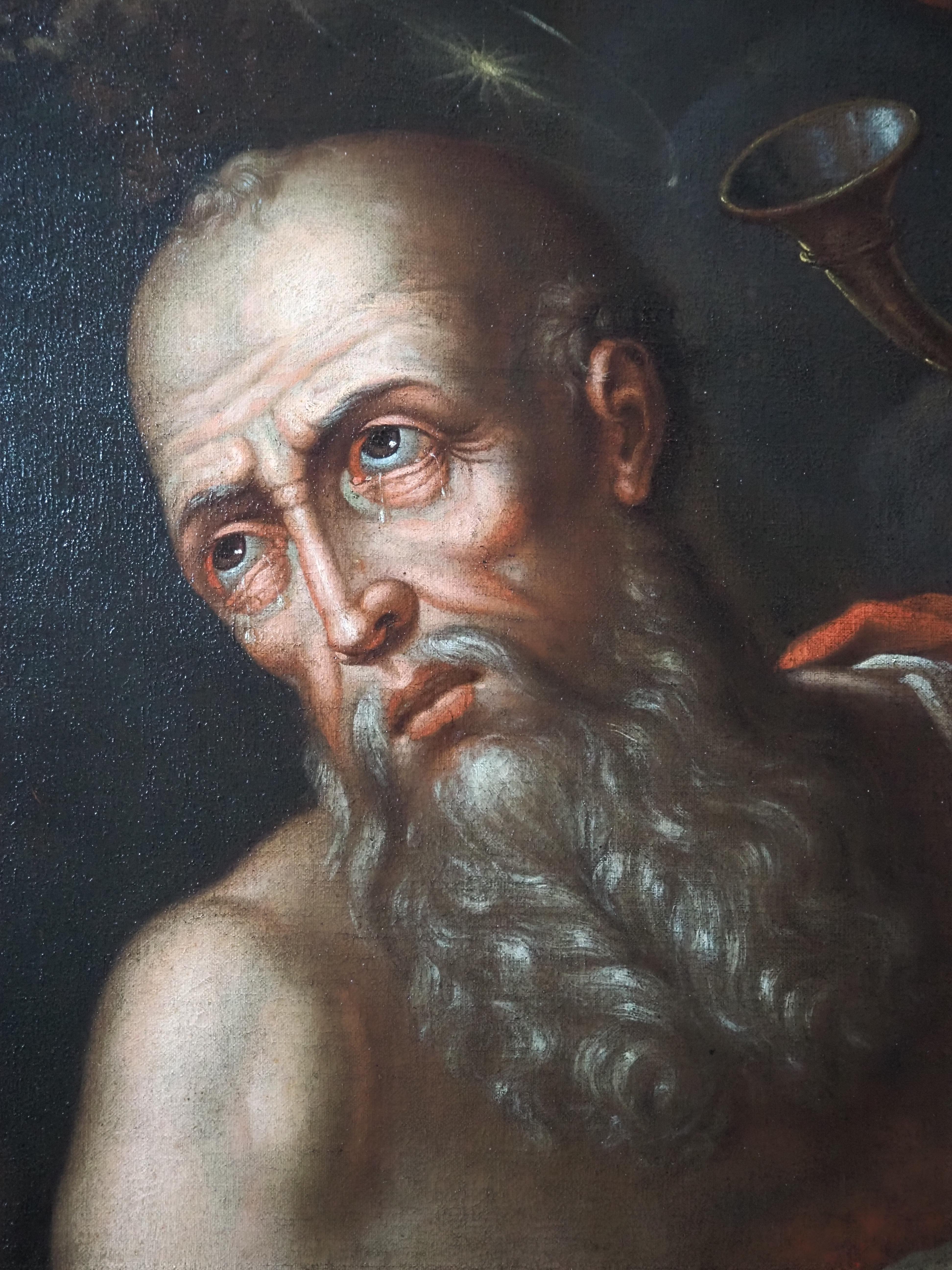 Pintura antigua al óleo/lienzo, San Jerónimo oye la trompeta del Juicio Final - Figurative Painting Negro de Herman Veltman (XVII-XVIII)