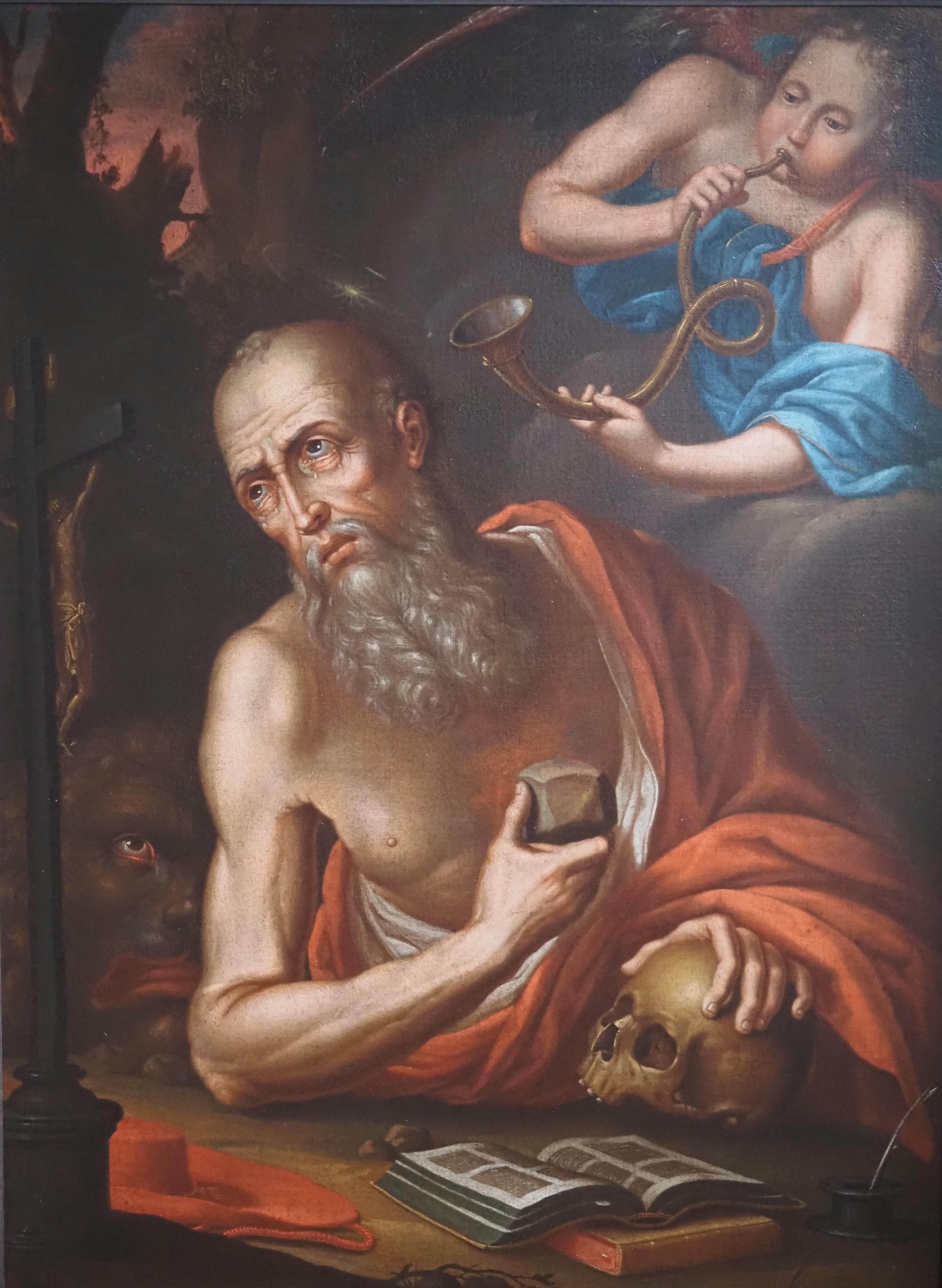 Figurative Painting de Herman Veltman (XVII-XVIII) - Pintura antigua al óleo/lienzo, San Jerónimo oye la trompeta del Juicio Final