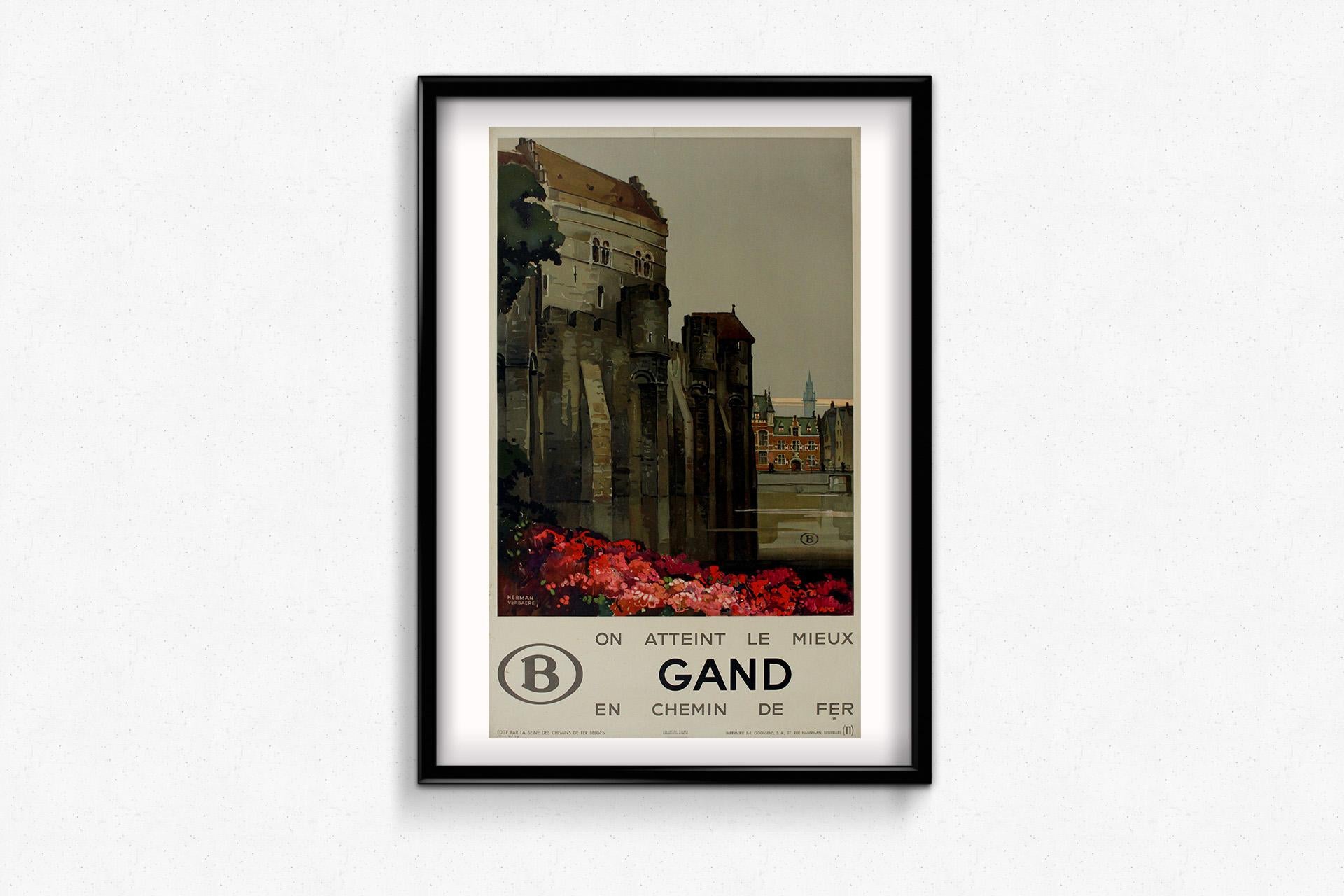 Manifesto di viaggio originale del 1942 della Ferrovia Nazionale Belga (SNCB) per Gand in vendita 2