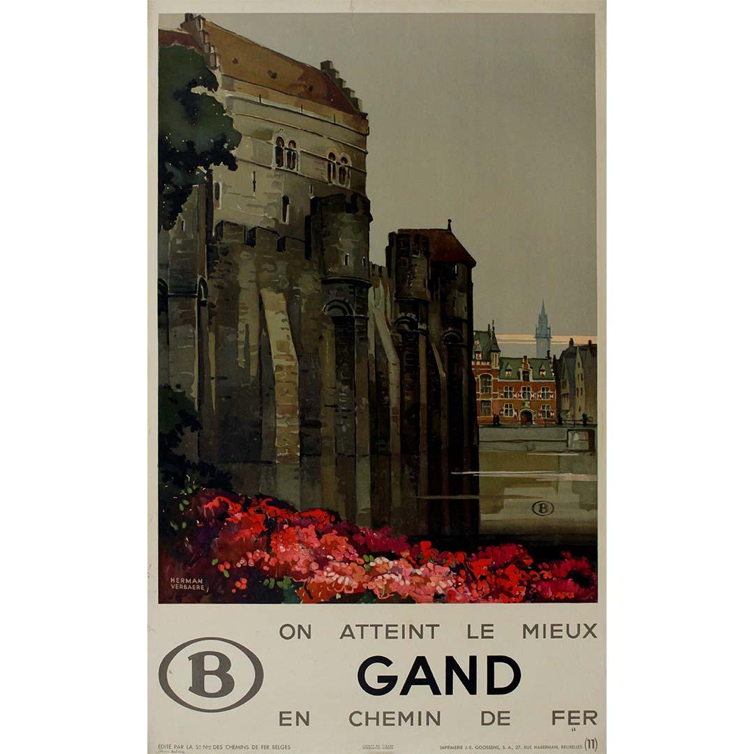 Manifesto di viaggio originale del 1942 della Ferrovia Nazionale Belga (SNCB) per Gand - Print di Herman Verbaere