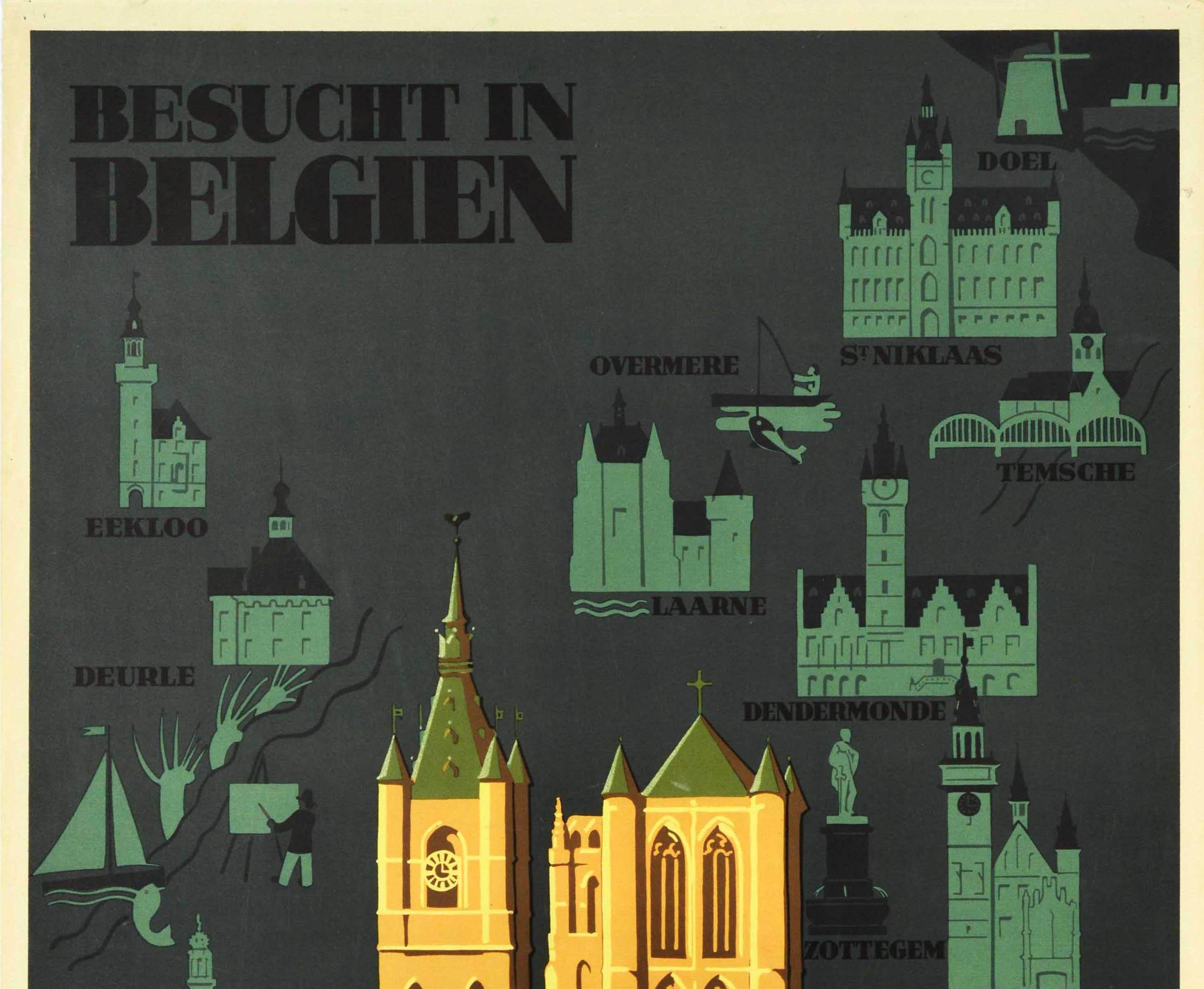 Poster di viaggio originale d'epoca Gand Gent Ost Flandern Belgio Belgien Gent Art - Print Nero di Herman Verbaere