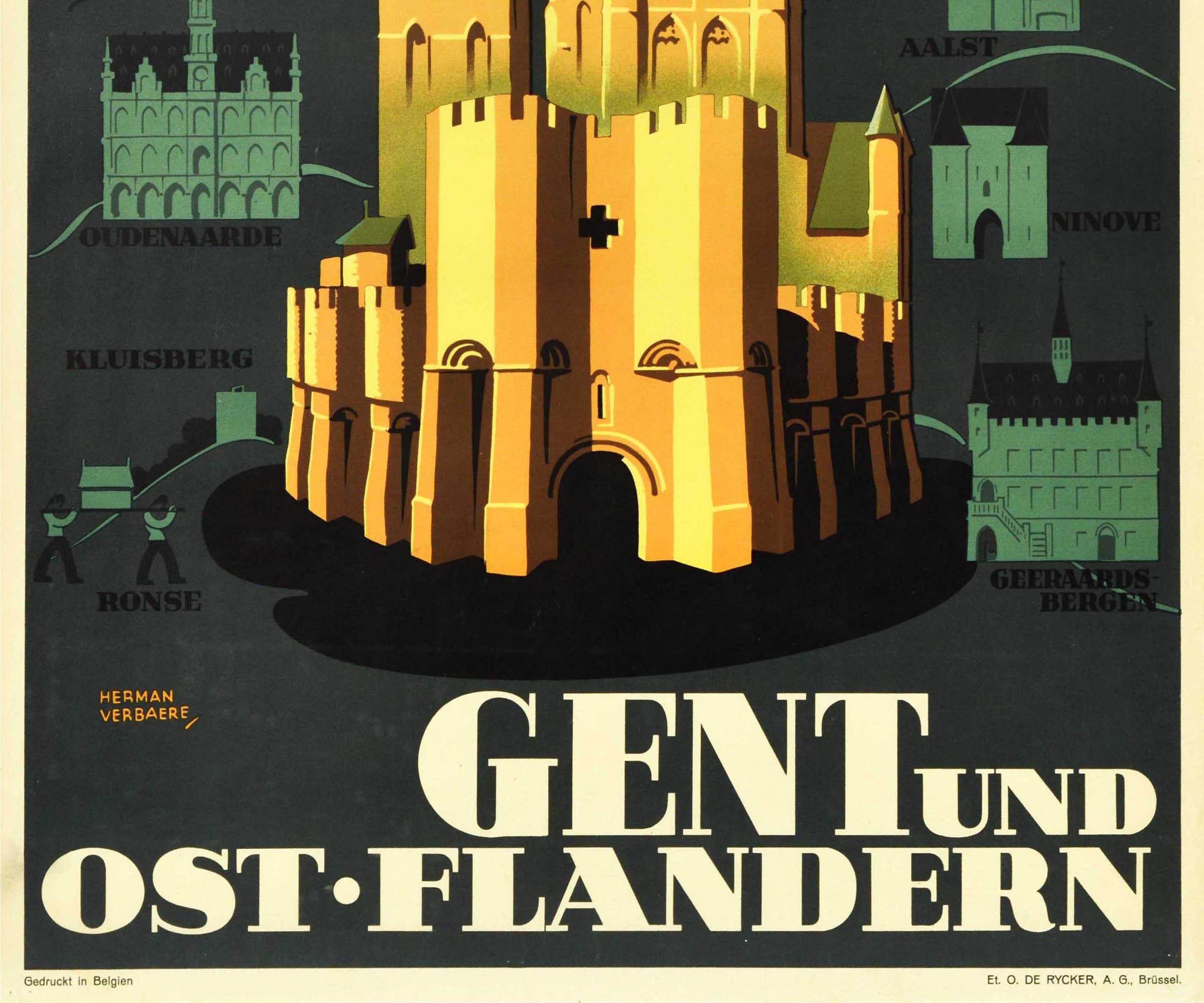 Poster di viaggio originale d'epoca - Besucht in Belgien Gent und Ost Flandern / Visita Gand e le Fiandre Orientali in Belgio - con un grande disegno di Herman Verbaere (1906-1993) che raffigura vari luoghi di interesse con edifici storici tra cui