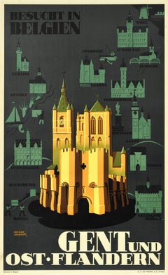 Poster di viaggio originale d'epoca Gand Gent Ost Flandern Belgio Belgien Gent Art