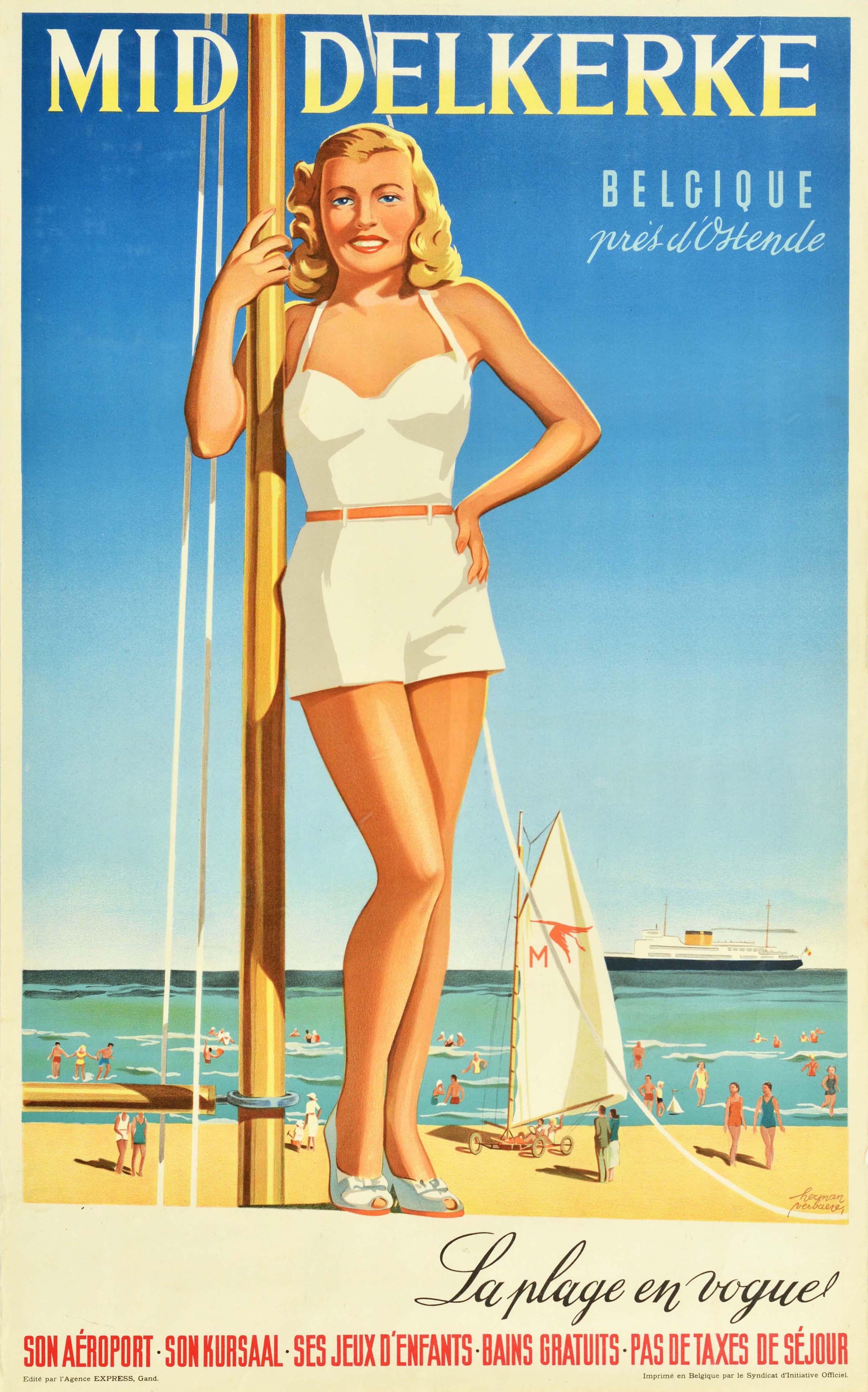 Herman Verbaere Print - Original Vintage Travel Poster Middlekerke Belgium Coast Swimming Beach Games