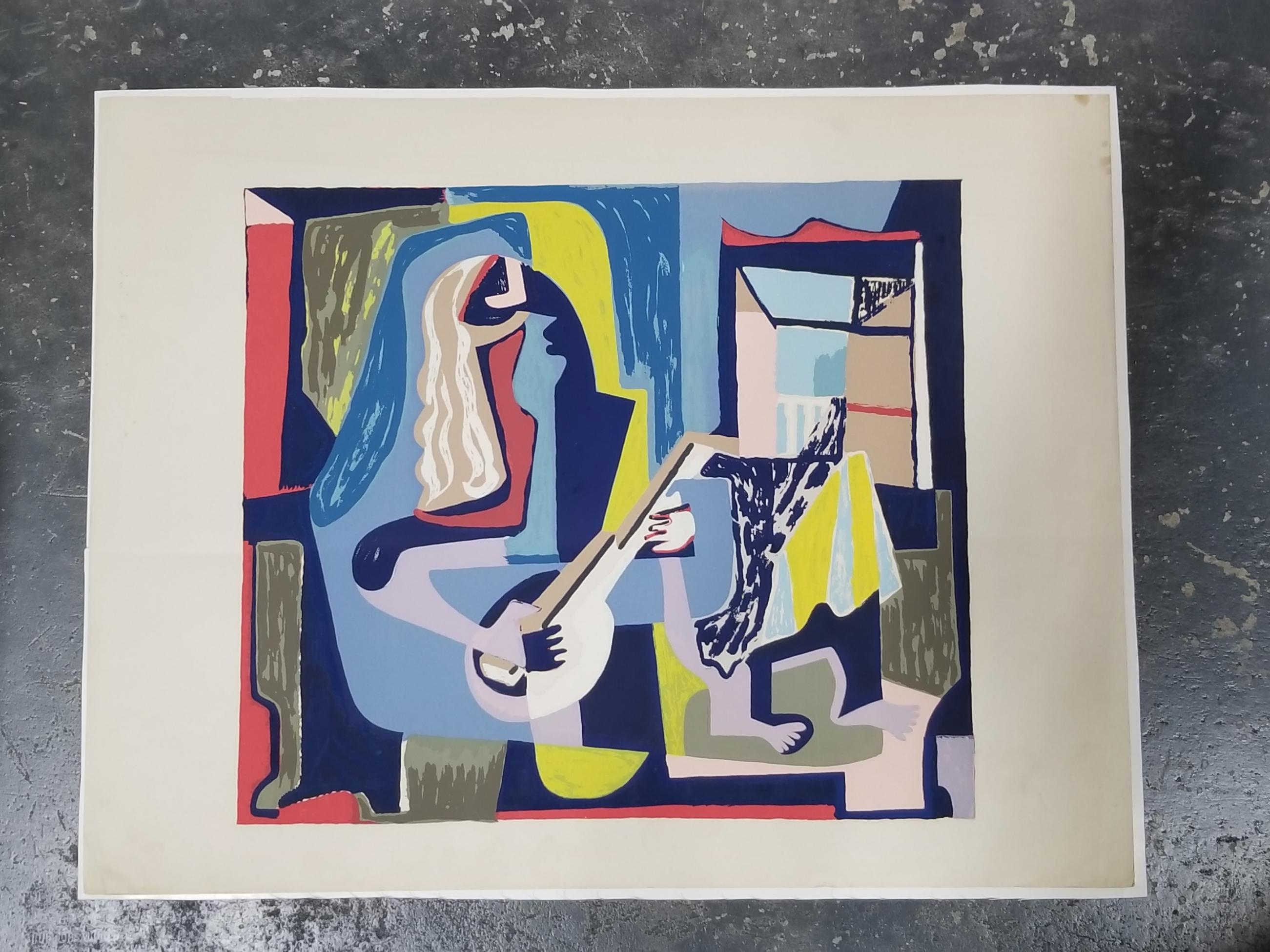 Abstract woodblock by California Artist Herman Roderick Volz. Figure with stringed musical instrument. Unframed. Acquired directly from the estate of Volz, unsigned, circa 1940s. Image measures 17.25