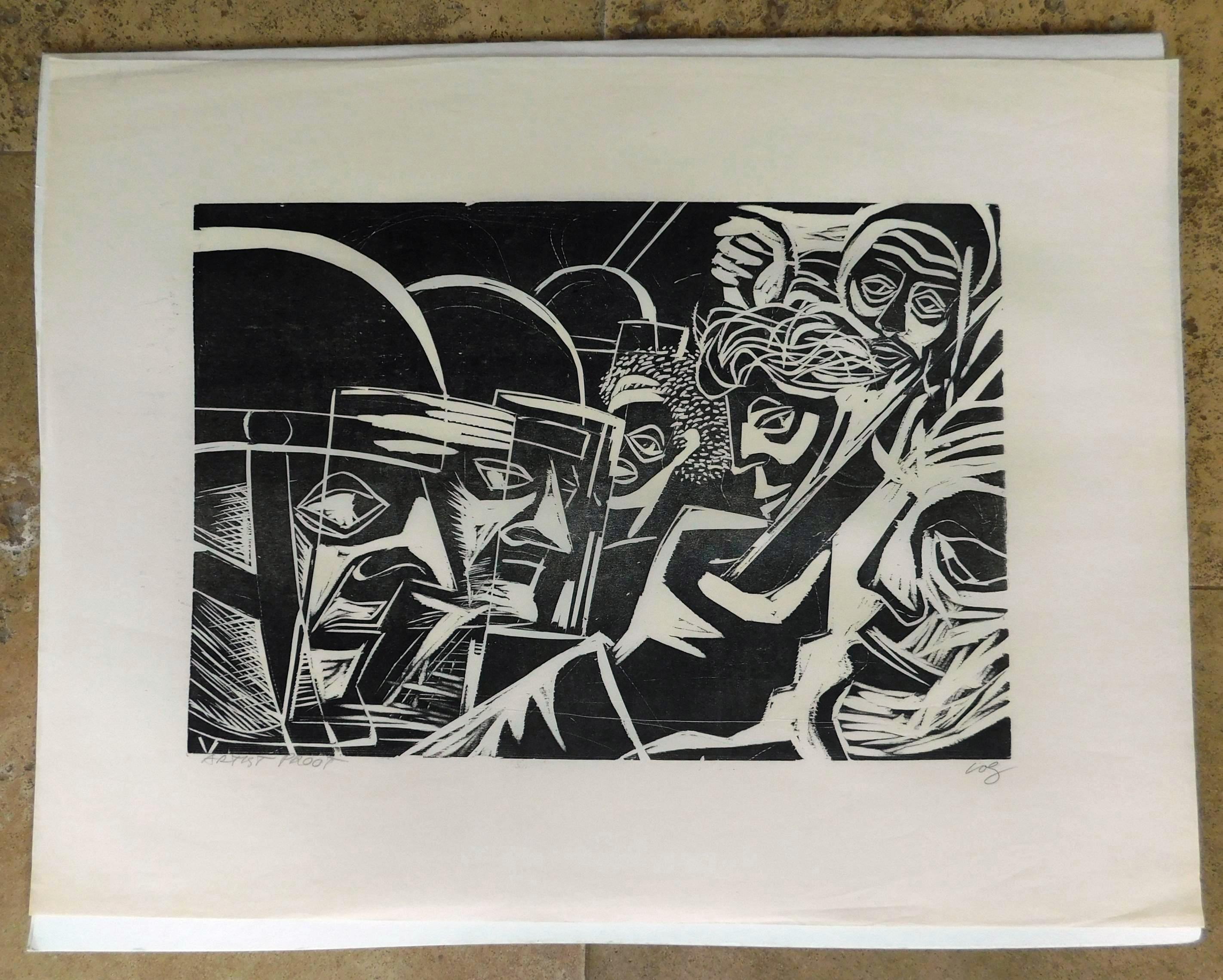 An original woodcut print depicting the social unrest of the 1960s by Herman Roderick Volz. 
Pencil signed by the artist lower right. Image measures 11 1/2
