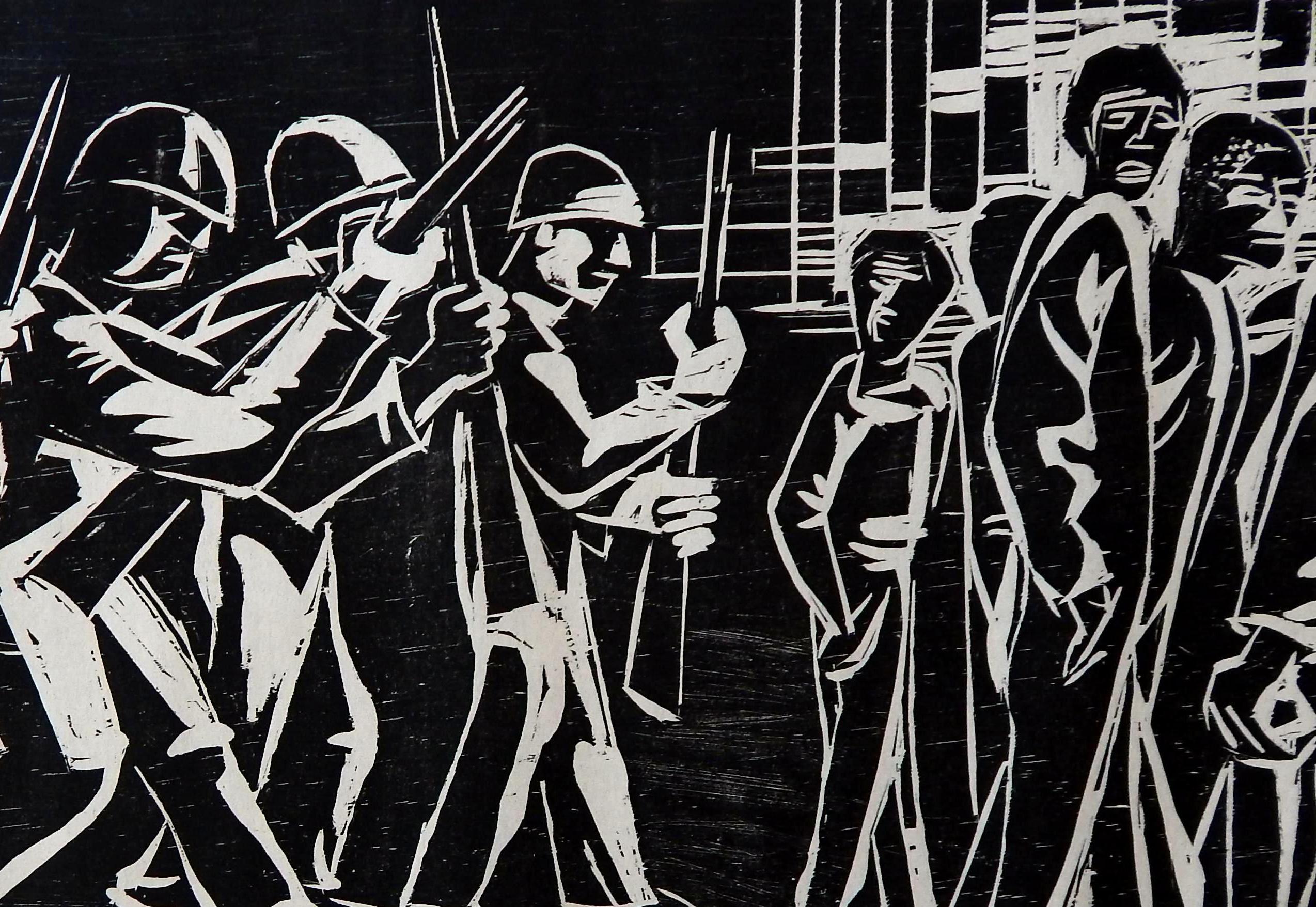 An original woodcut print depicting the social unrest of the 1960s by Herman Roderick Volz. 
Pencil signed by the artist lower right. Image measures 14