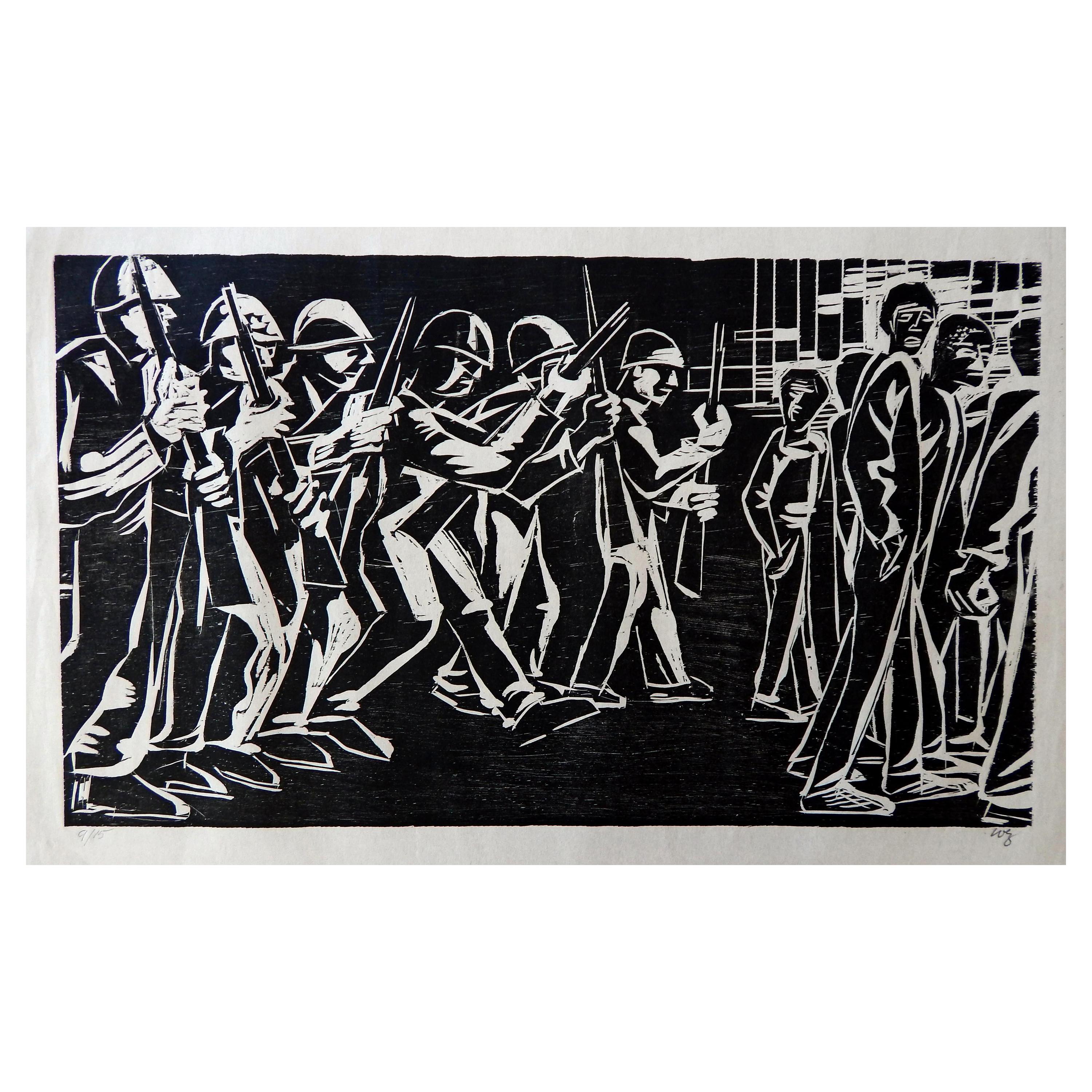 Herman Volz Original Woodcut, Social Unrest of the 1960's, Disbursing the Riot For Sale