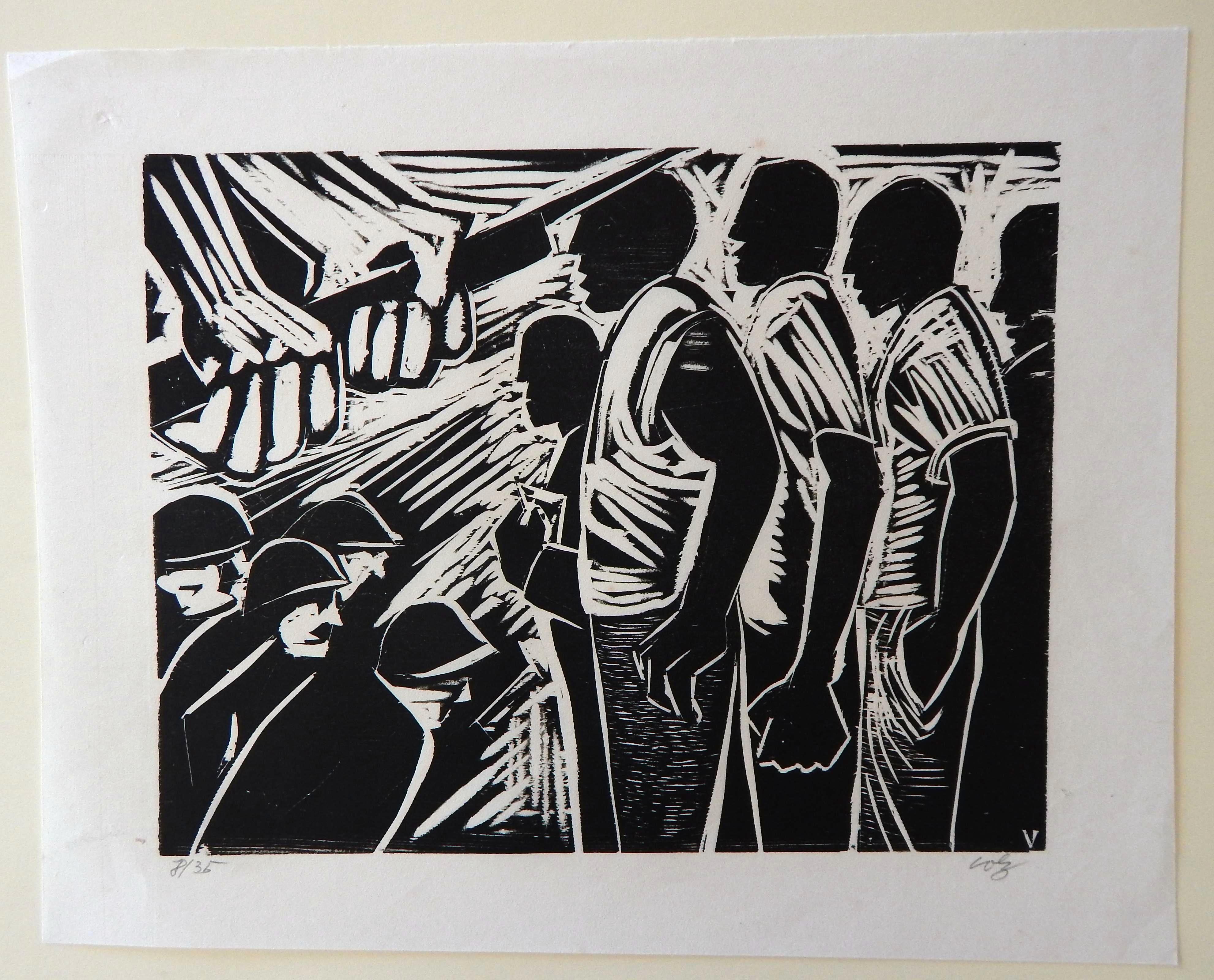An original woodcut print depicting the social unrest of the 1960s by Herman Roderick Volz. 
Pencil signed by the artist lower right. Image measures 11 1/2