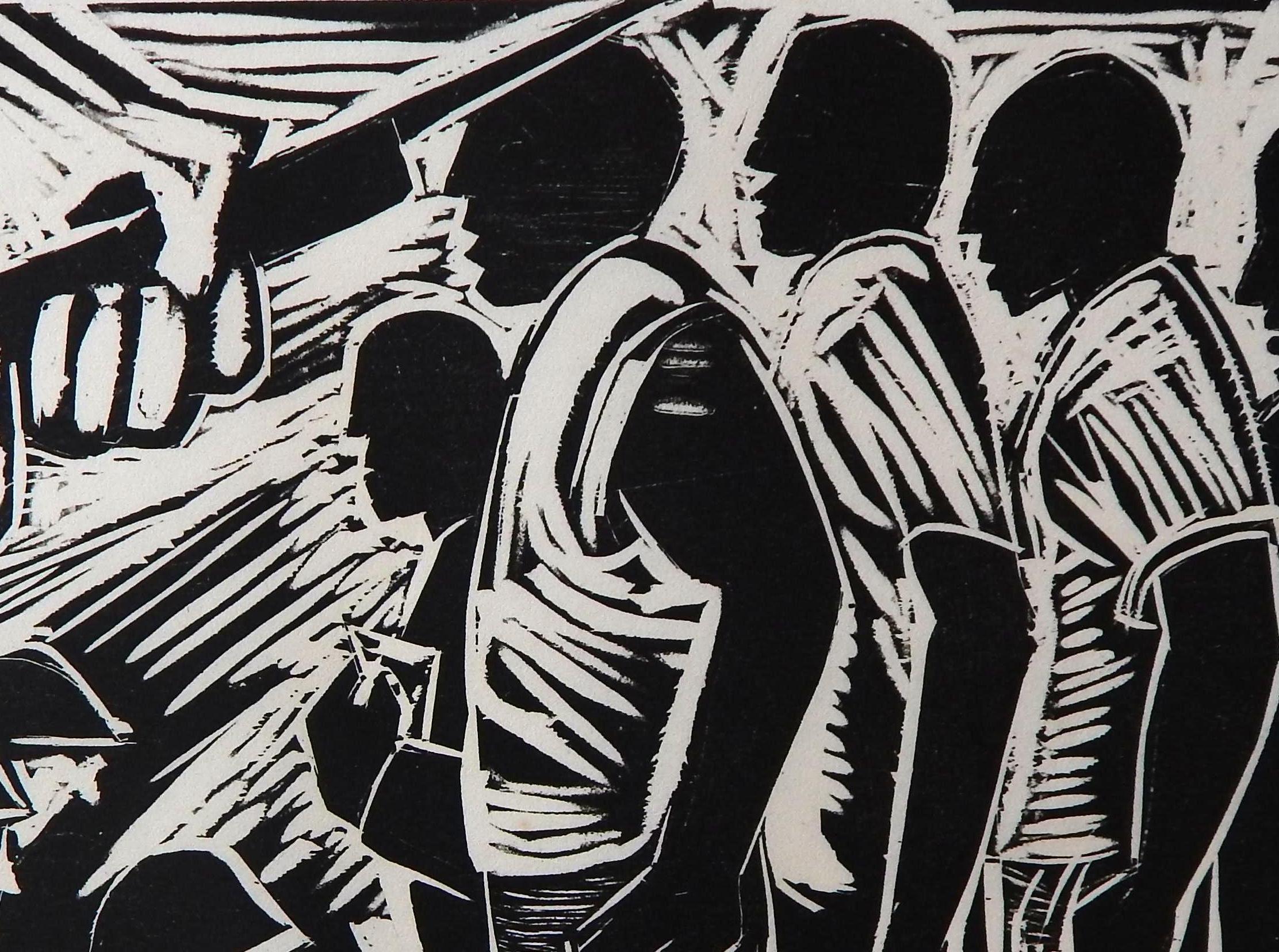Herman Volz Original Woodcut, Social Unrest of the 1960s, Rioters In Excellent Condition For Sale In Phoenix, AZ