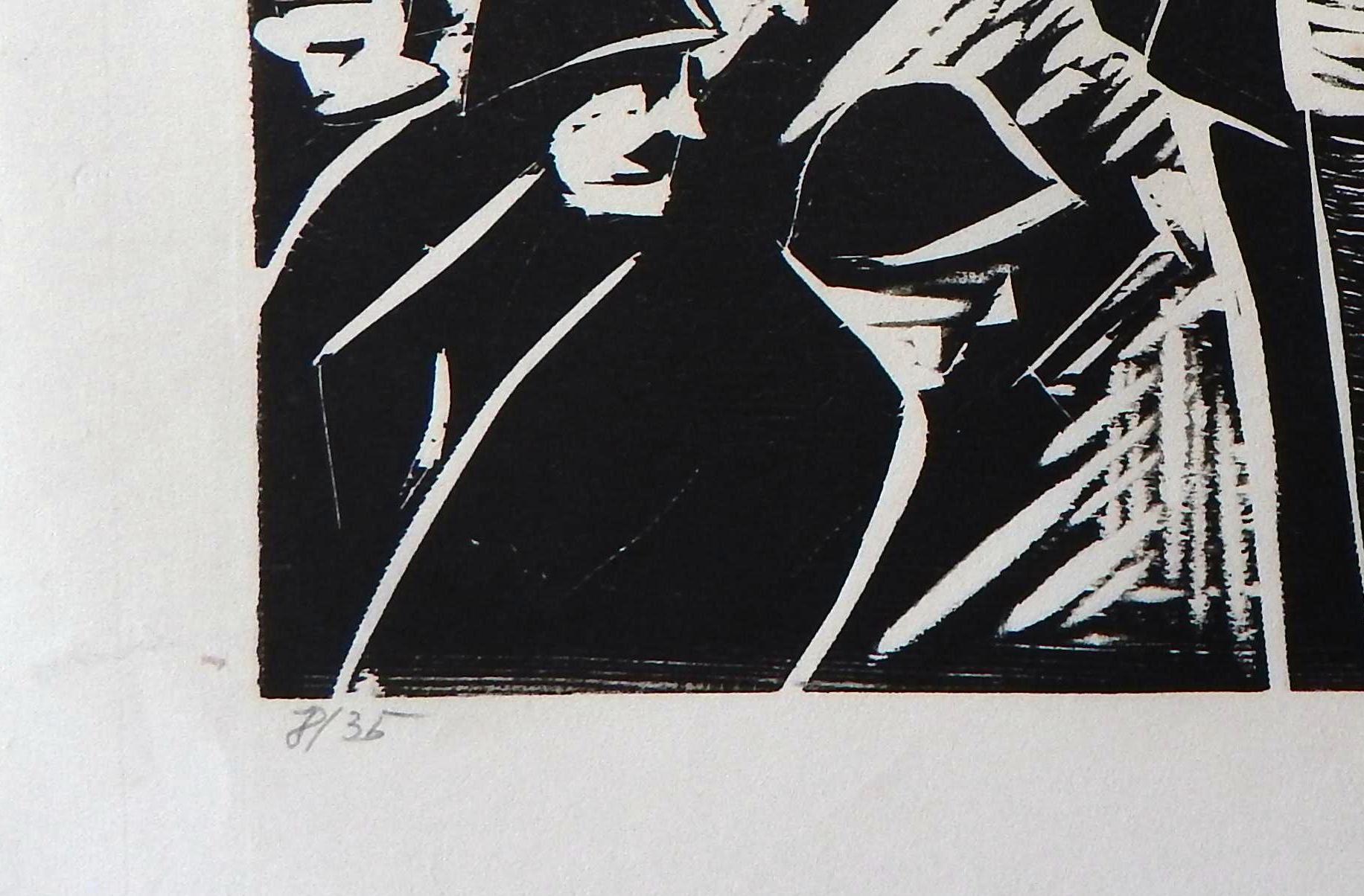 Papier Herman Volz, gravure sur bois originale de Herman Volz, troubles sociaux des années 1960, émeutiers en vente