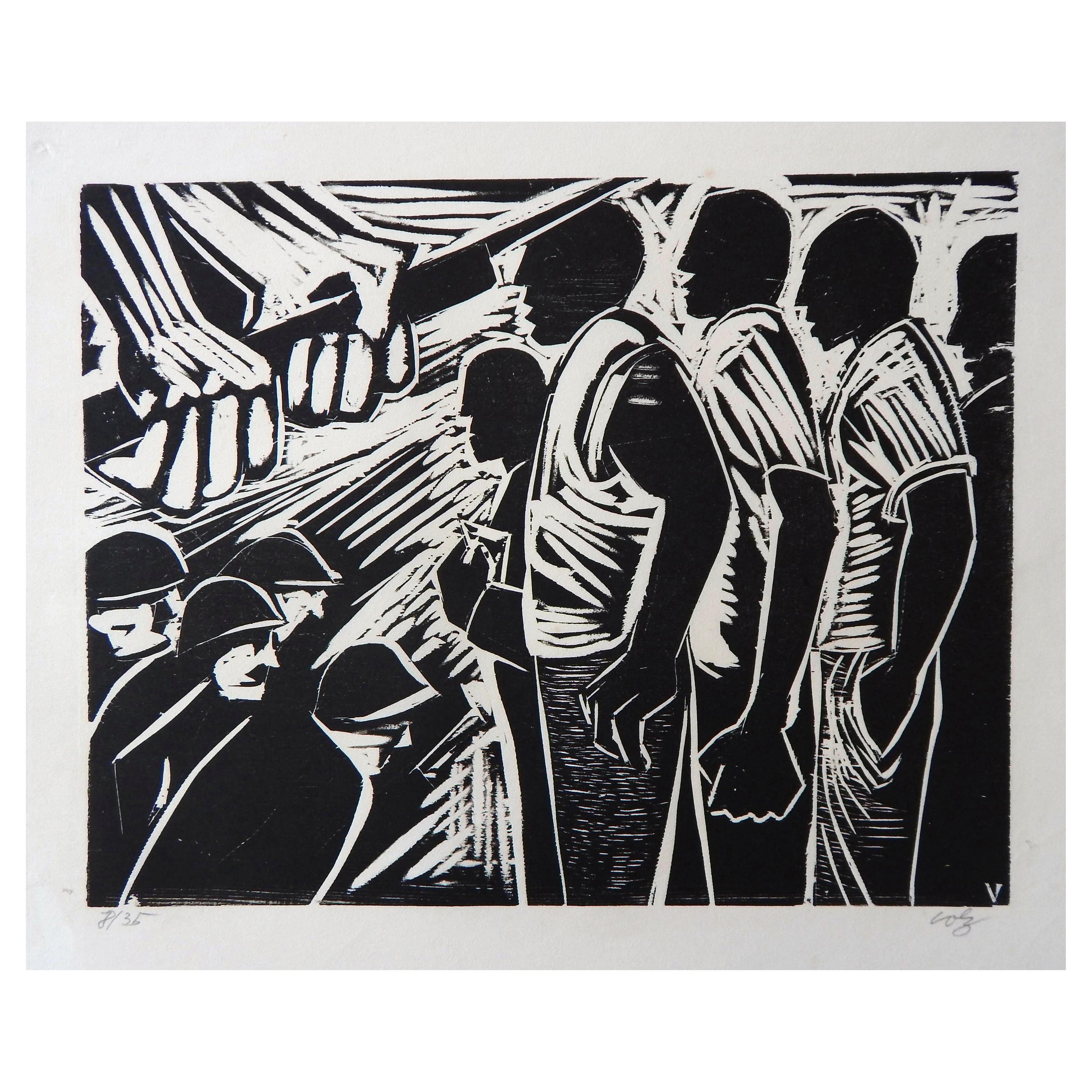 Herman Volz Original Woodcut, Social Unrest of the 1960s, Rioters For Sale