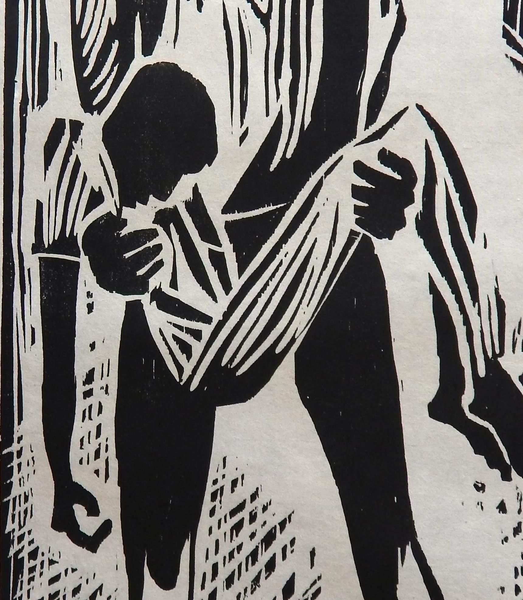 Papier gravure sur bois originale d'Herman Volz, troubles sociaux des années 1960, troubles sociaux en vente