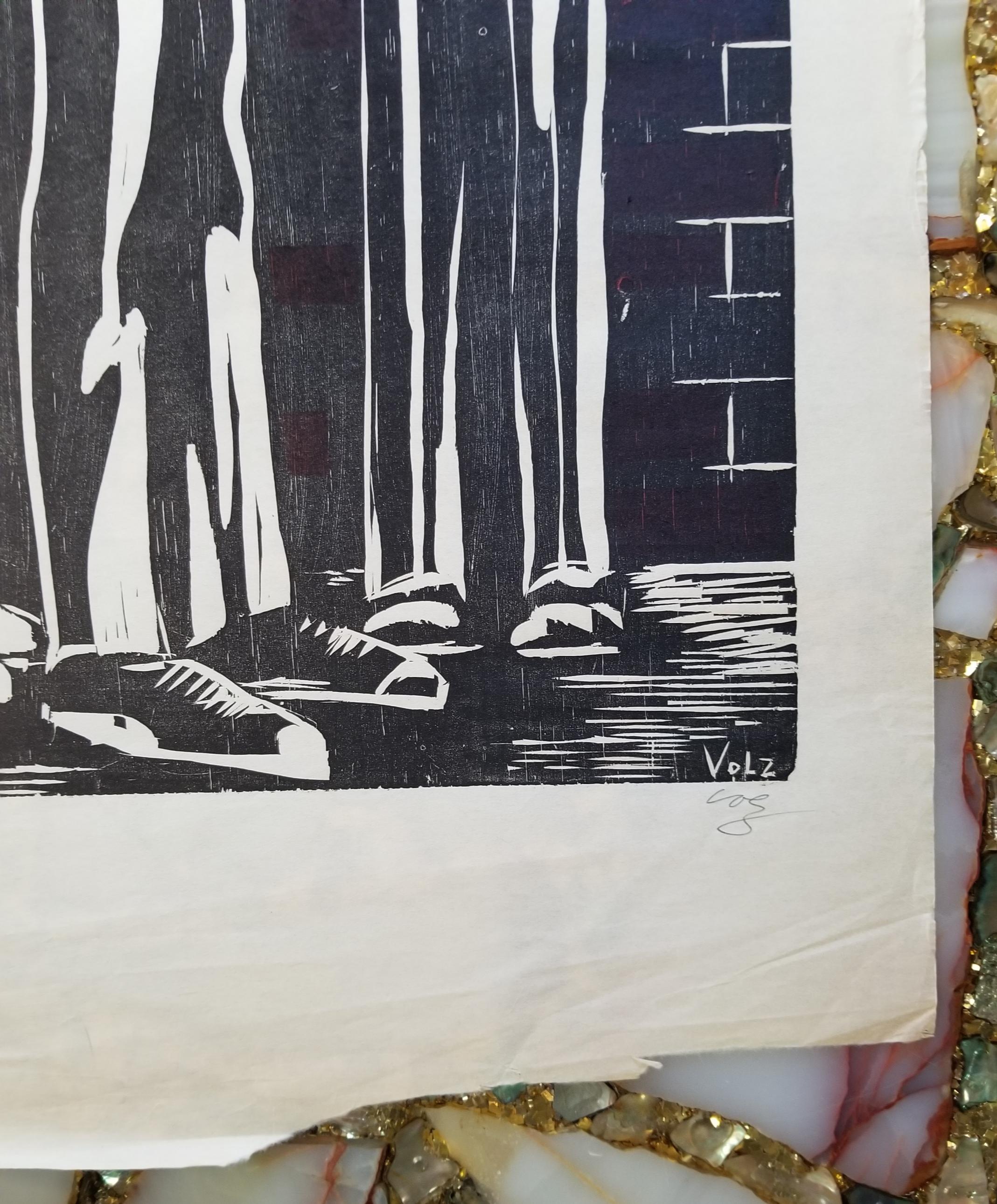 Herman Volz Woodcut 3 Figures In Good Condition For Sale In Fulton, CA