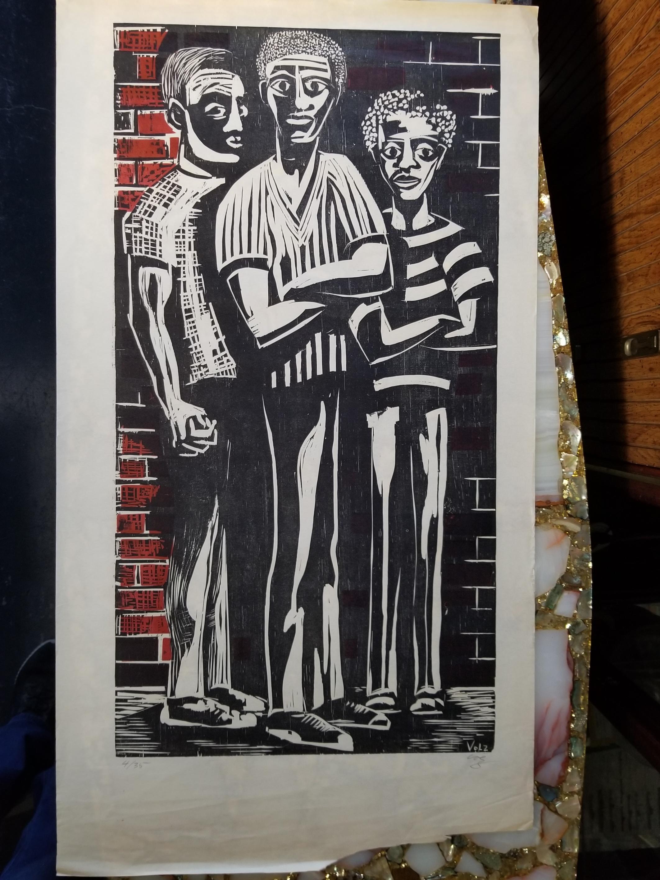20th Century Herman Volz Woodcut 3 Figures For Sale
