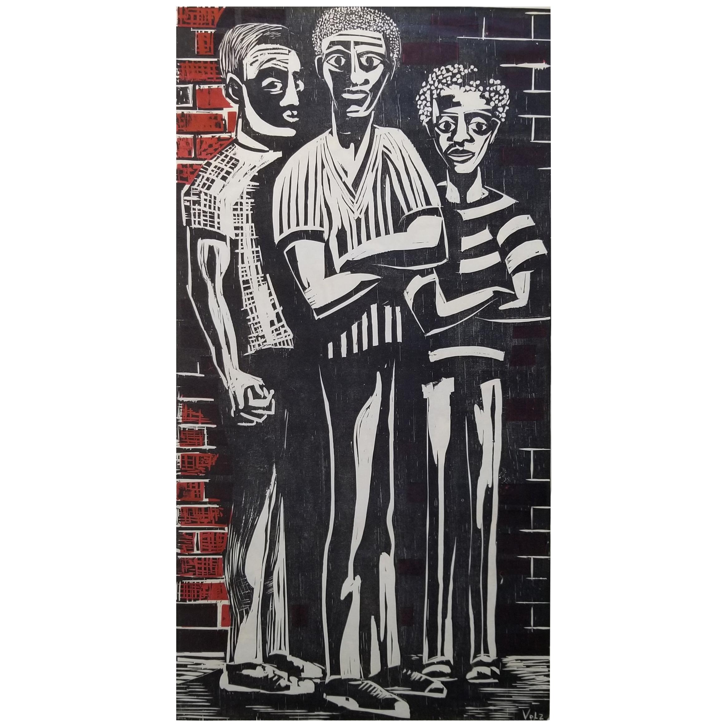 Herman Volz Woodcut 3 Figures