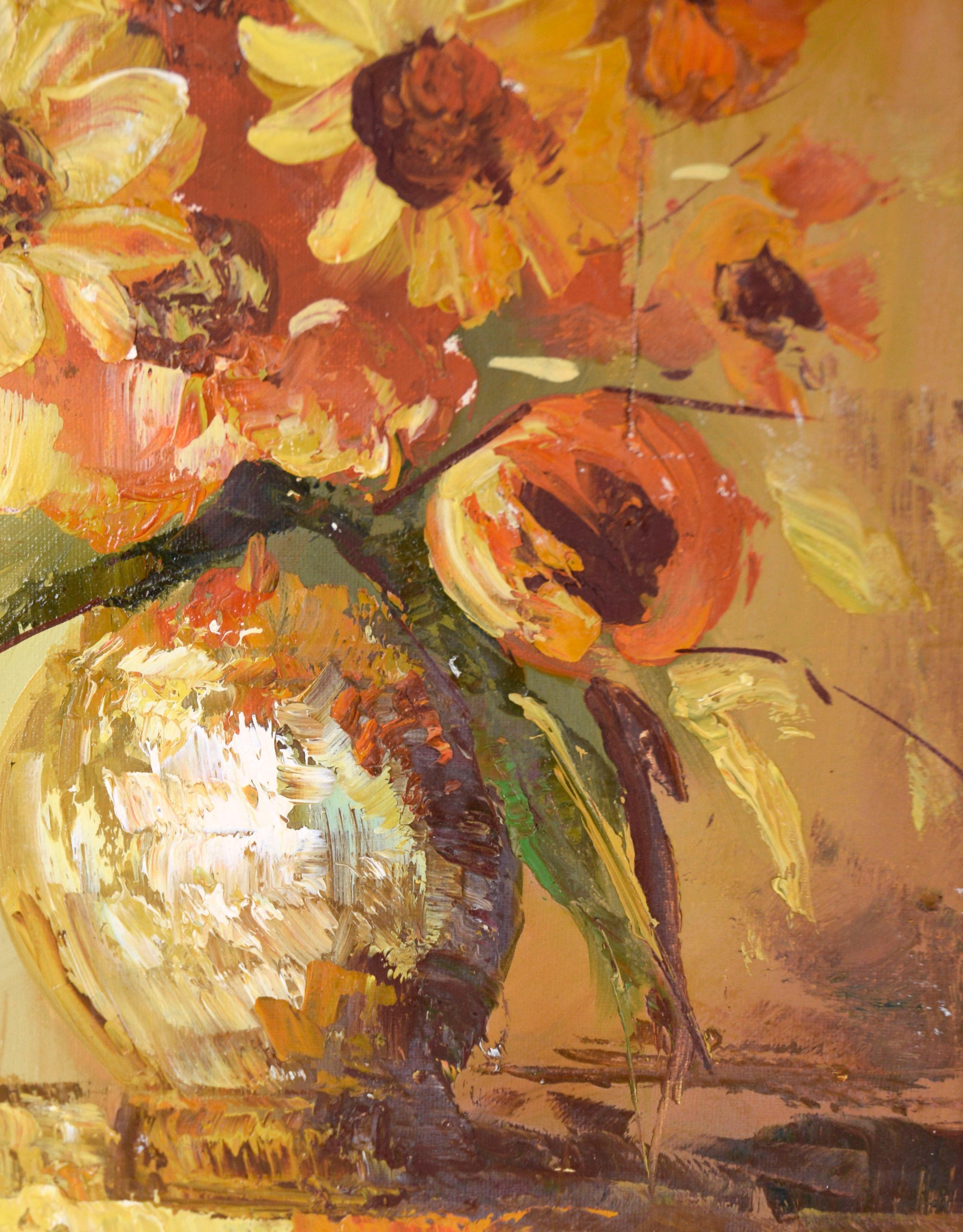 Daisies in Vase – Stillleben Öl auf Leinwand, von Herman

Ein wunderbar ausgeführtes Ölgemälde in sanften Gelb- und Ockertönen bis hin zu tiefen Schattierungen von gebrannter Siena, die dem Gemälde eine schöne Tiefe verleihen. Die Gänseblümchen