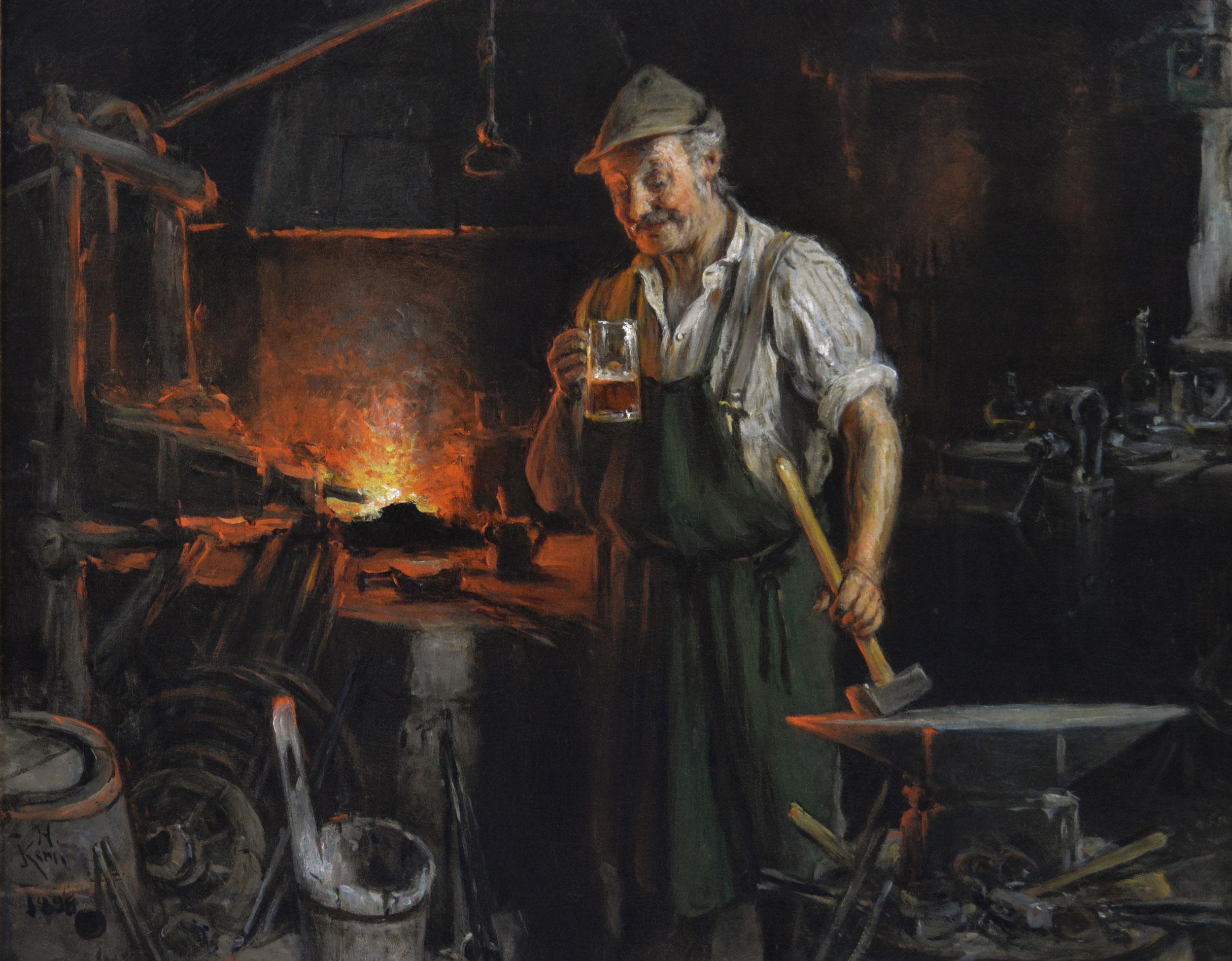 Dipinto a olio di genere del XIX secolo raffigurante un fabbro alla forgia - Painting di Hermann Armin Kern