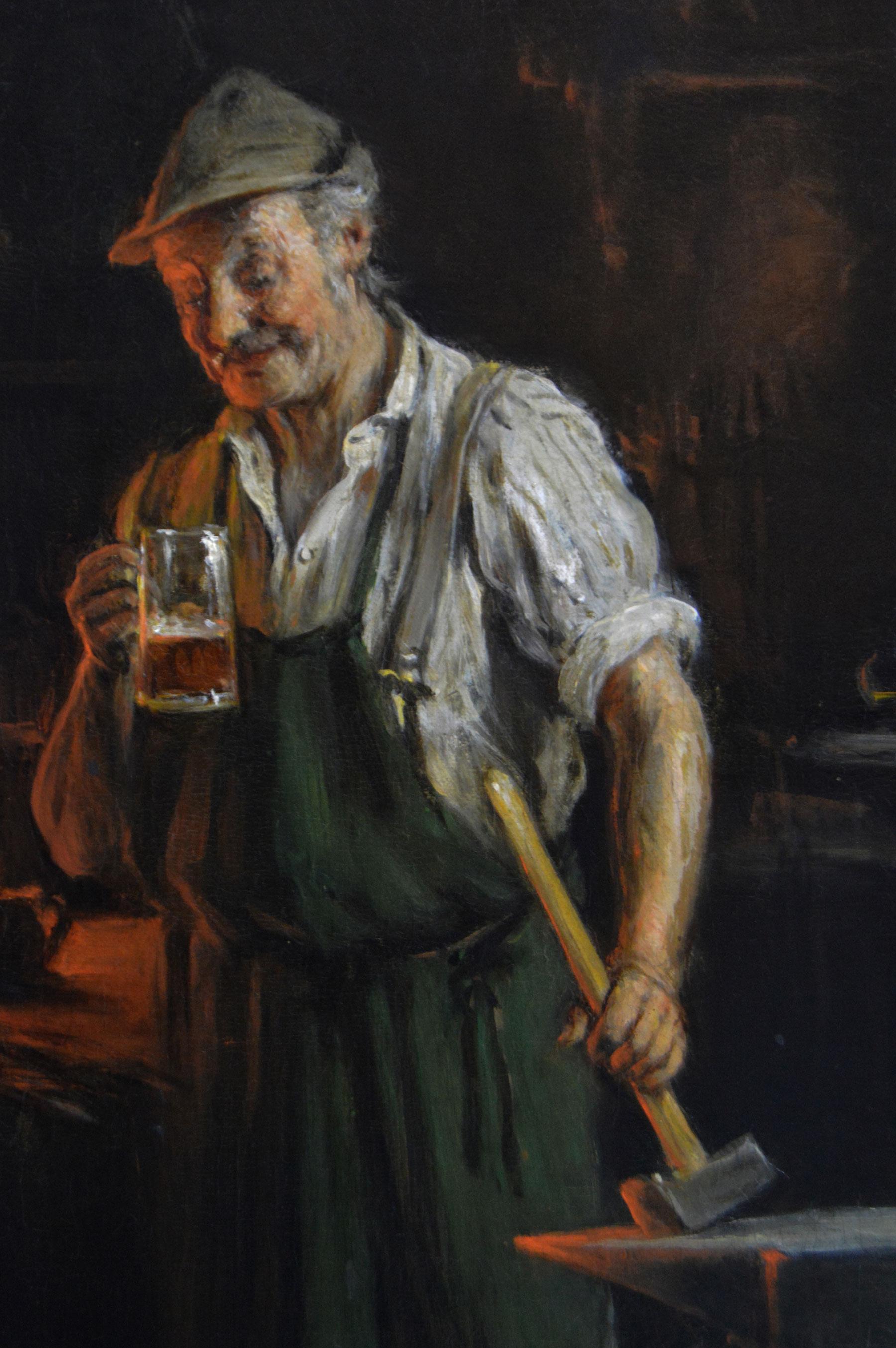 Dipinto a olio di genere del XIX secolo raffigurante un fabbro alla forgia - Painting Vittoriano di Hermann Armin Kern