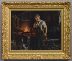 Dipinto a olio di genere del XIX secolo raffigurante un fabbro alla forgia
