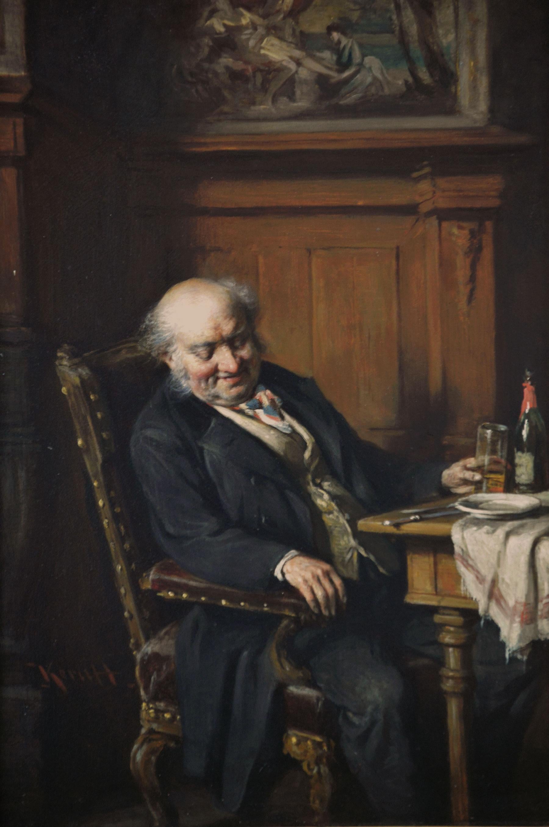 19th Century genre oil painting of a gentleman asleep at a table  - Painting by Hermann Armin Kern