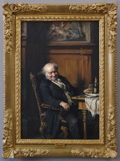 Antique 19th Century genre oil painting of a gentleman asleep at a table 