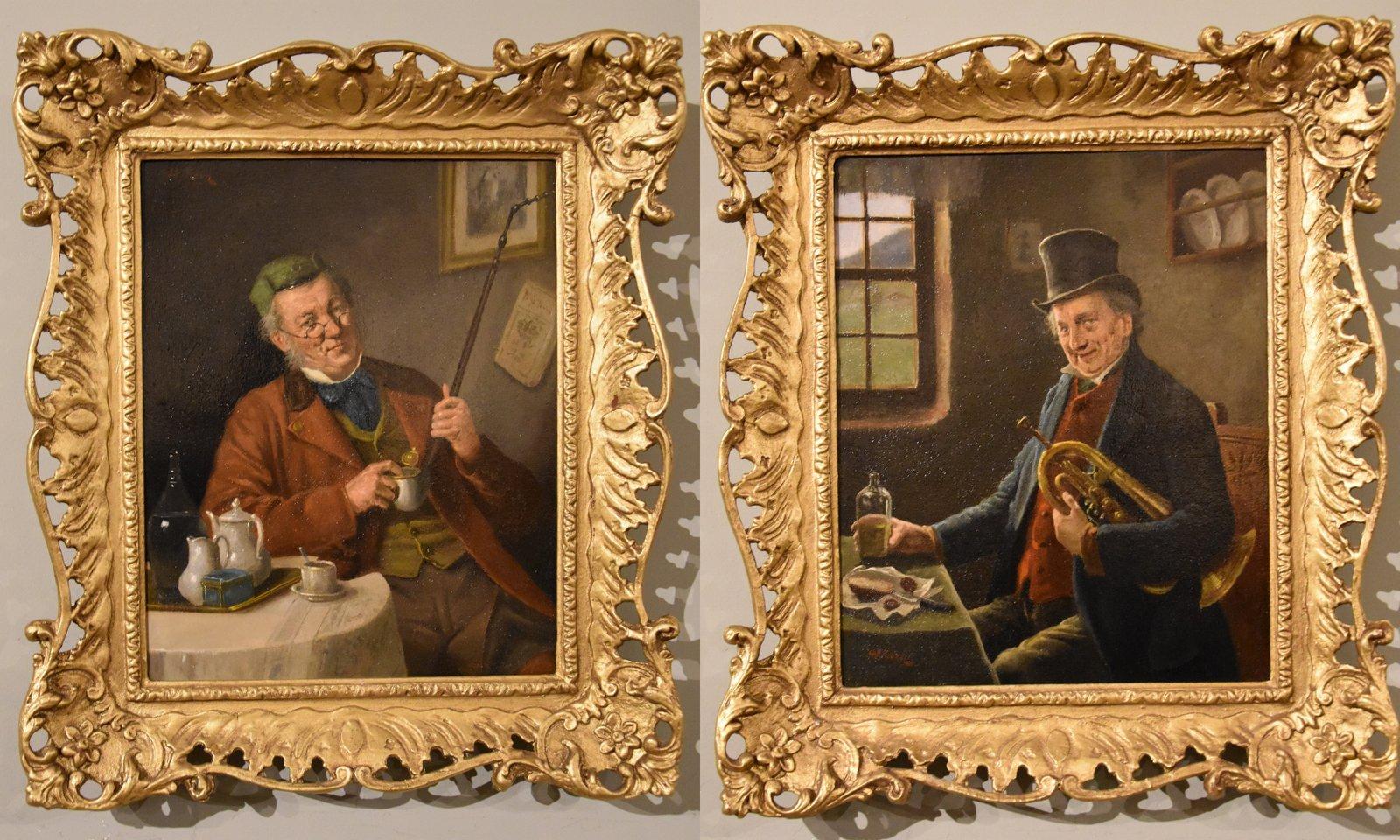 Ölgemälde paar von Hermann Armin Kern "Der Trompeter und der Raucher"  1838 - 1912 Beliebter österreichischer Maler figurativer Szenen, Hofmaler am französischen Hof, Joseph der erste in Wien. Studierte in Prag, ist ein begabter Musiker und