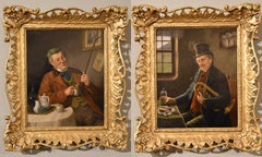 Oil Painting pair by Hermann Armin Kern "The trumpeter and the Smoker"