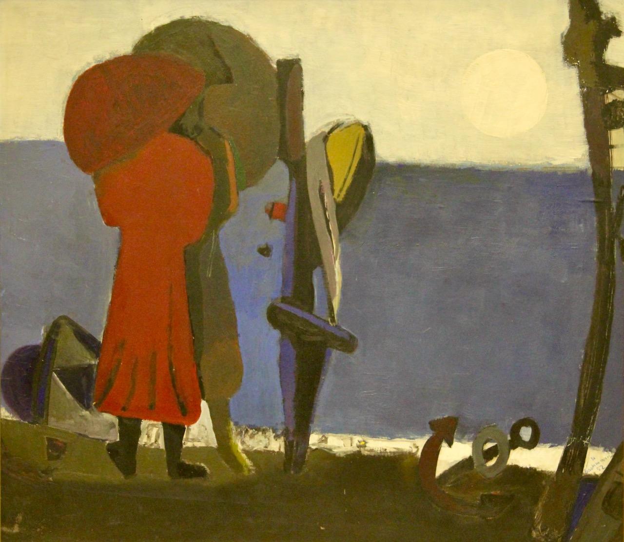 Hermann Bachmann, 1952, Abstraktes modernes Ölgemälde. Sonnenuntergang am Strand, Hafen. im Angebot 2