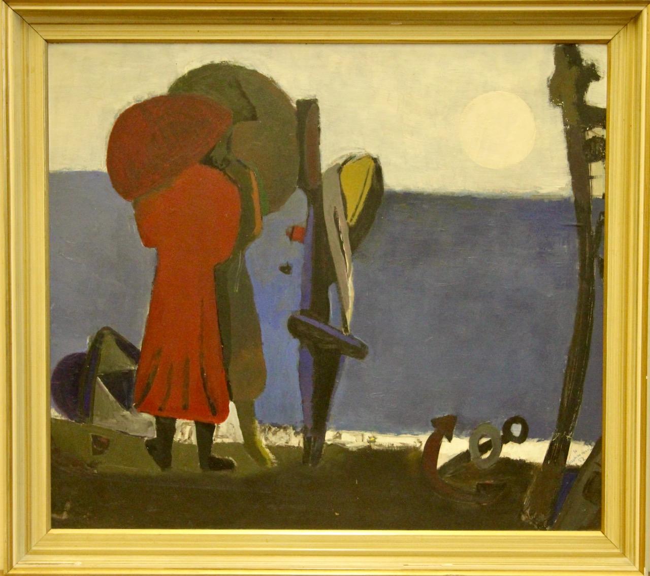 Hermann Bachmann, 1952, Abstraktes modernes Ölgemälde. Sonnenuntergang am Strand, Hafen.