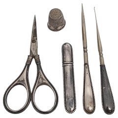 Hermann Bauer Deutschland 800er Silberne Scheren- Nähset Scheren-Etui Thimble Awl Hook 18804