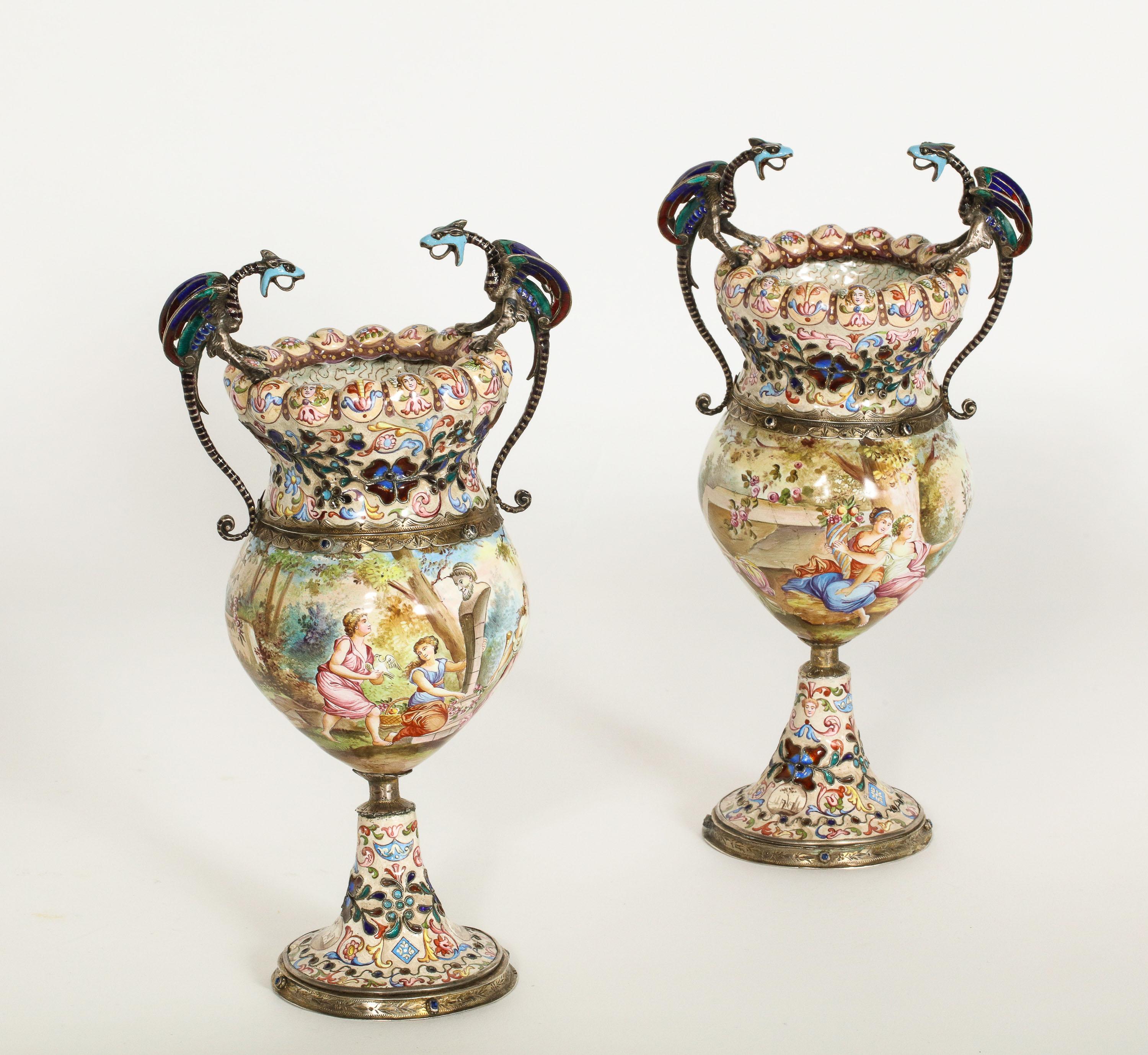 European Hermann Bohm, a Fine Pair of Viennese Silver-Mounted Enamel Vases