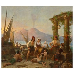 German Artist Hermann Brücke "Neapolitan Fishing Family" , Signed and Dated 1863