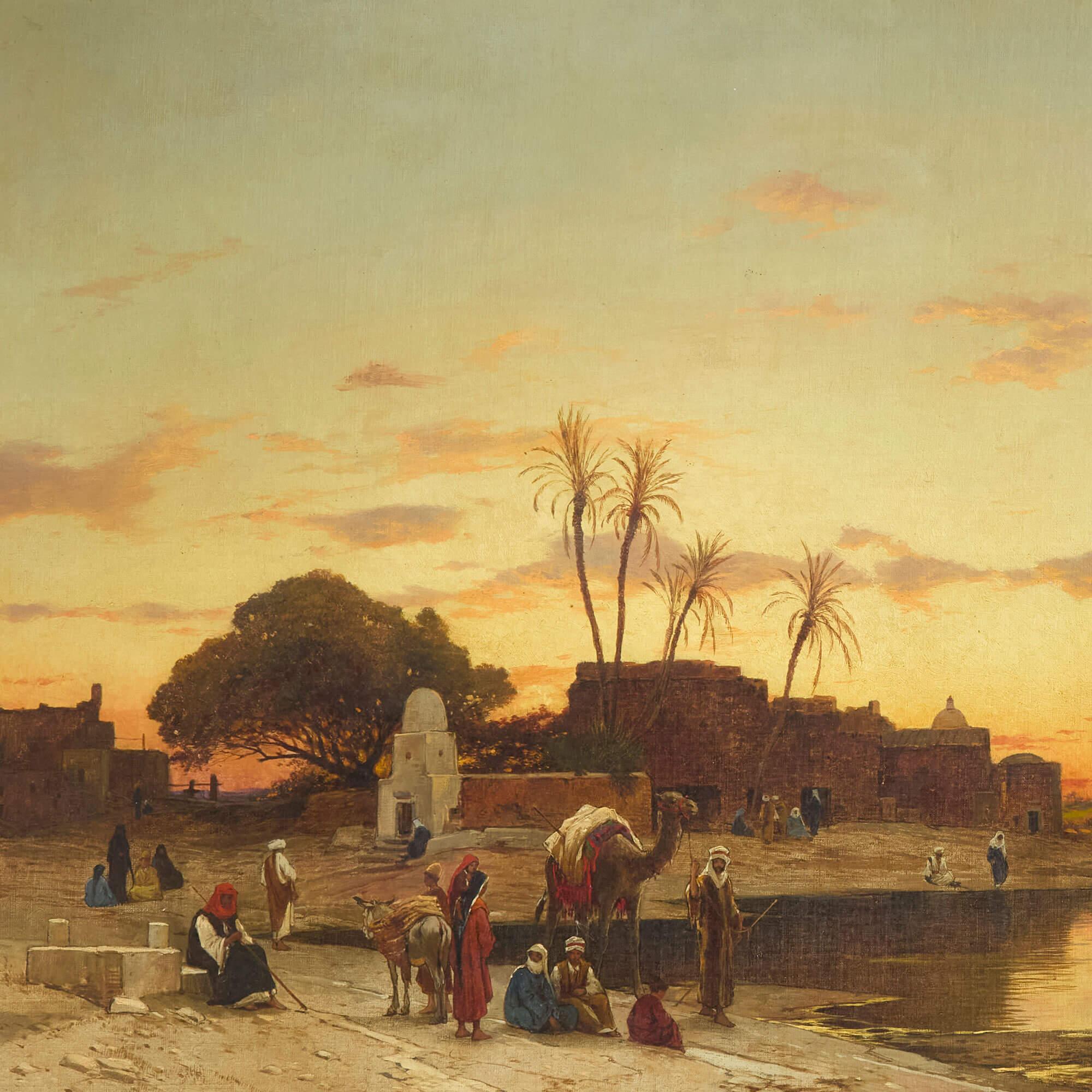 Grande dipinto orientalista delle rive del Nilo di H. H. Corrodi - Landscape Painting Marrone di Hermann Corrodi