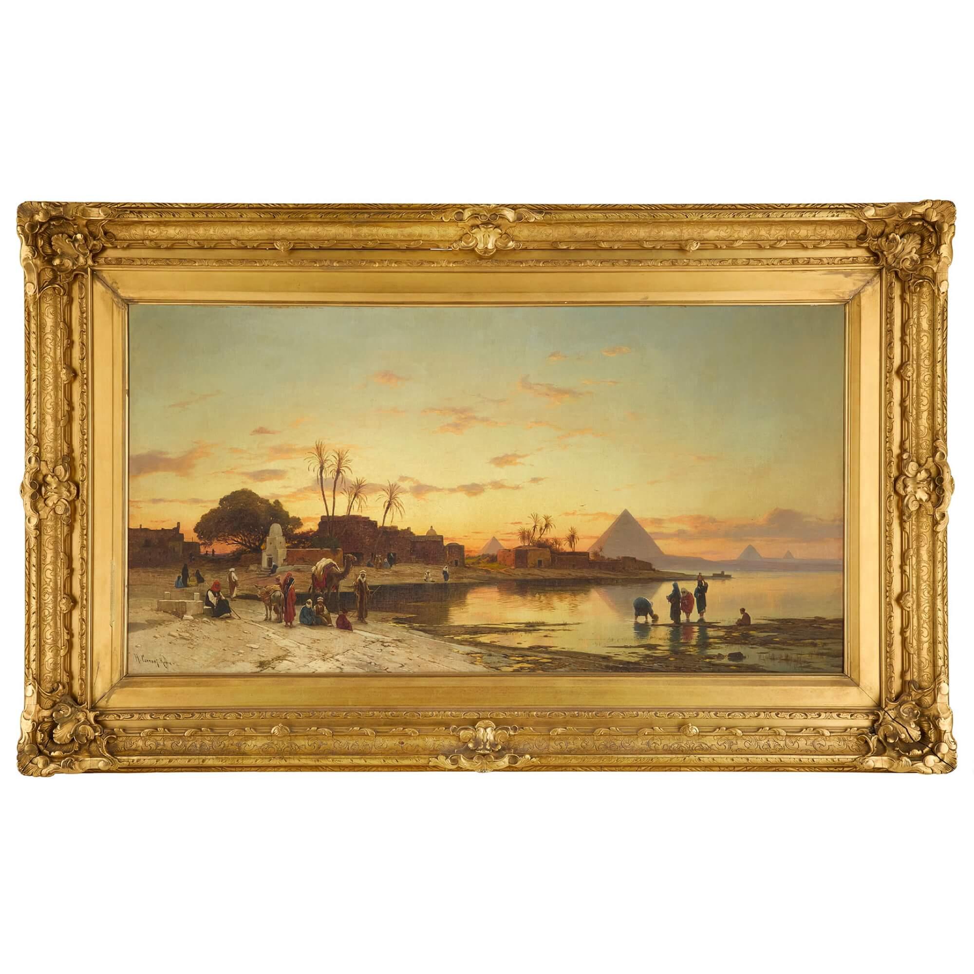 Landscape Painting di Hermann Corrodi - Grande dipinto orientalista delle rive del Nilo di H. H. Corrodi