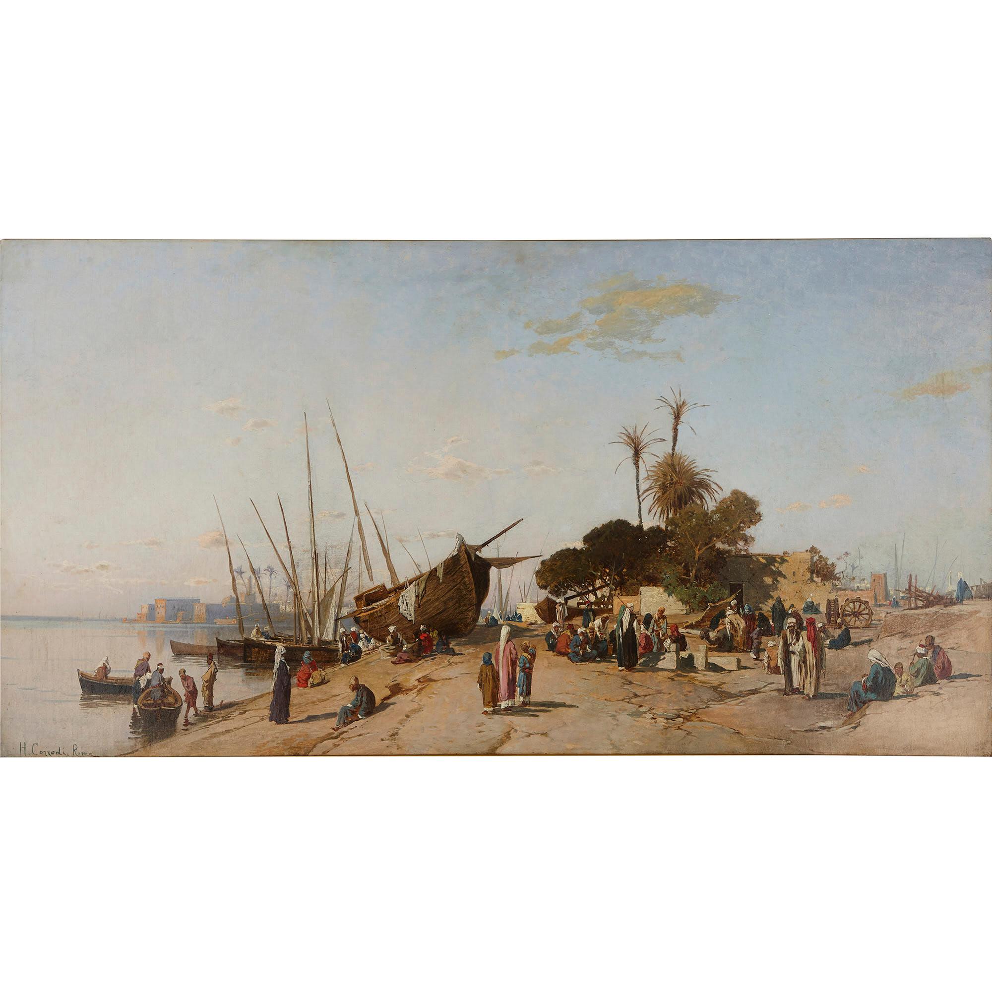 Large Orientalist seascape oil painting in giltwood frame by Corrodi  - Painting by Hermann Corrodi