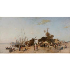 Large Orientalist seascape oil painting in giltwood frame by Corrodi
