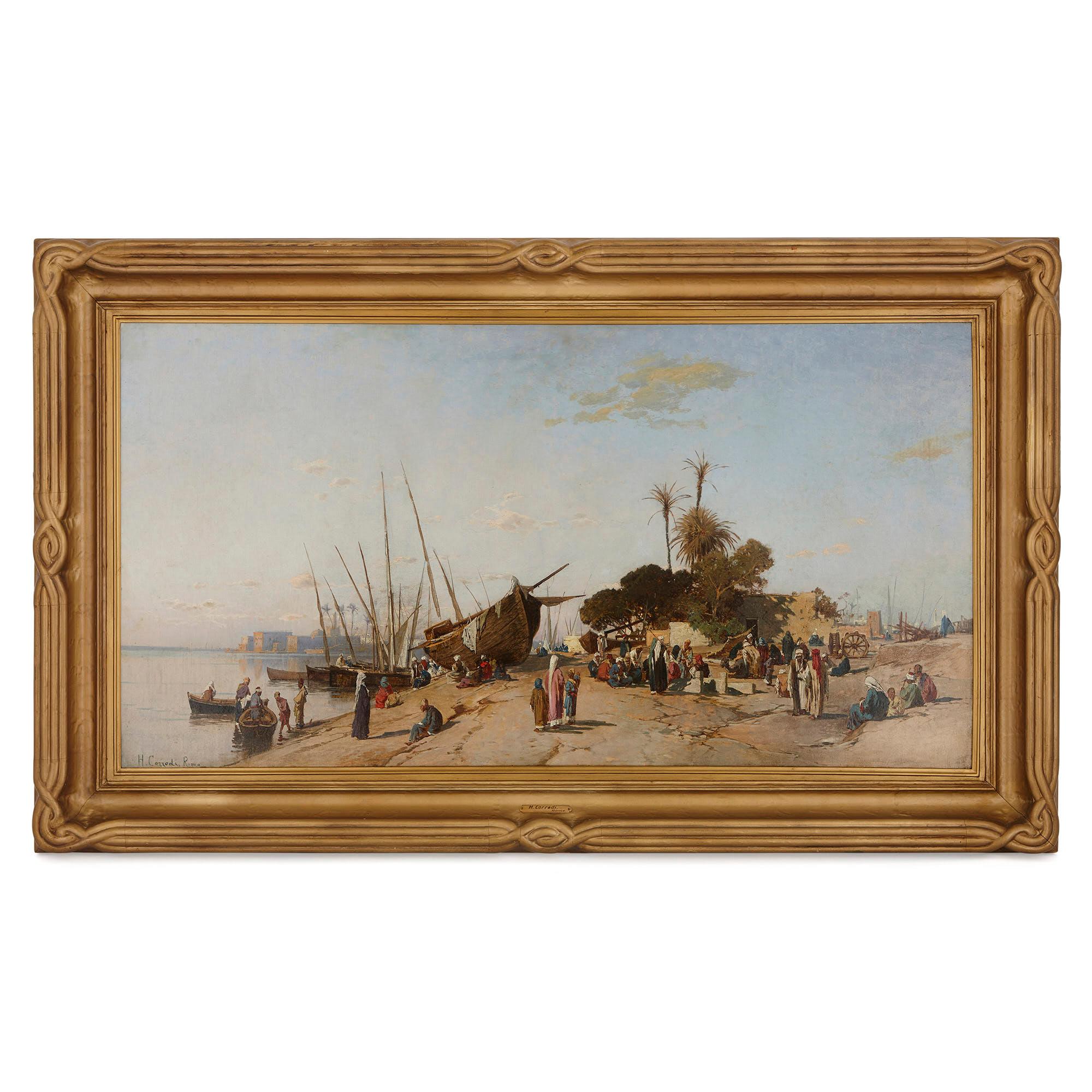 Hermann Corrodi Landscape Painting - Large Orientalist seascape oil painting in giltwood frame by Corrodi 